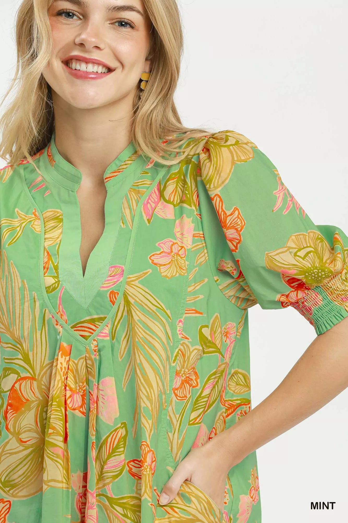 Umgee Botanical Print Dress with Smocked Cuffs Secondary image