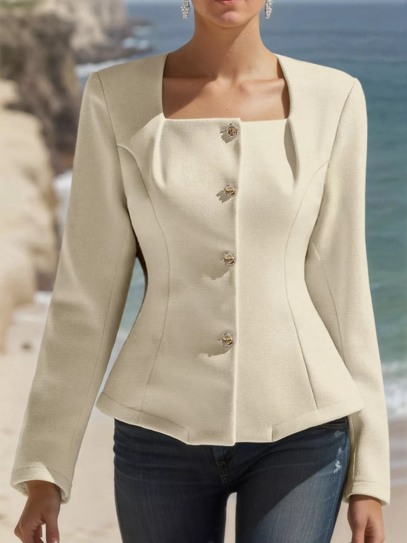 Square Neck Button-Down Fitted Blazer Secondary image