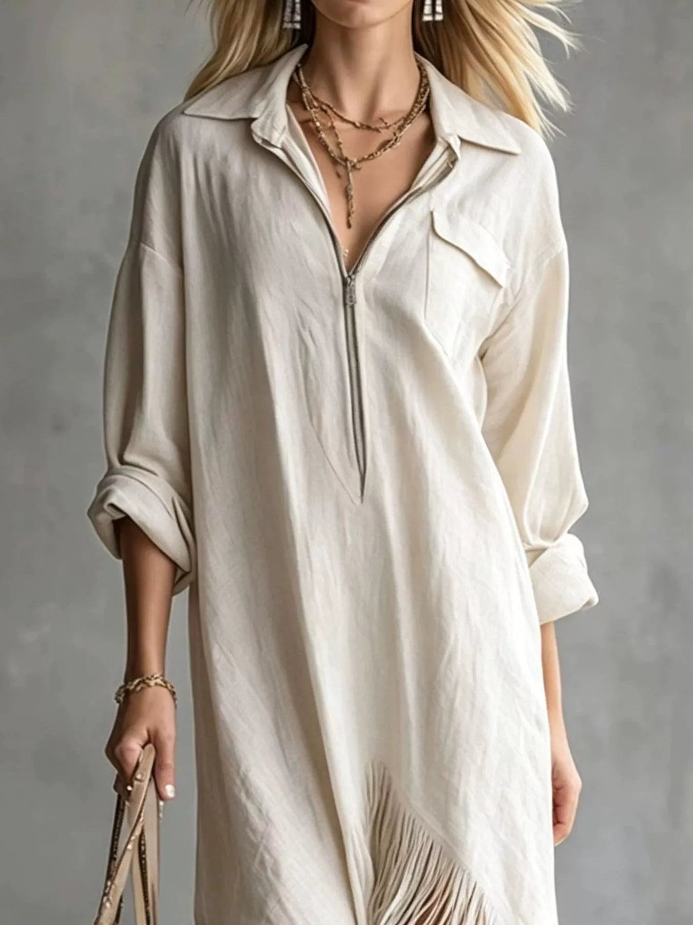 Fringe Hem Zip-Up Shirt Dress Secondary image