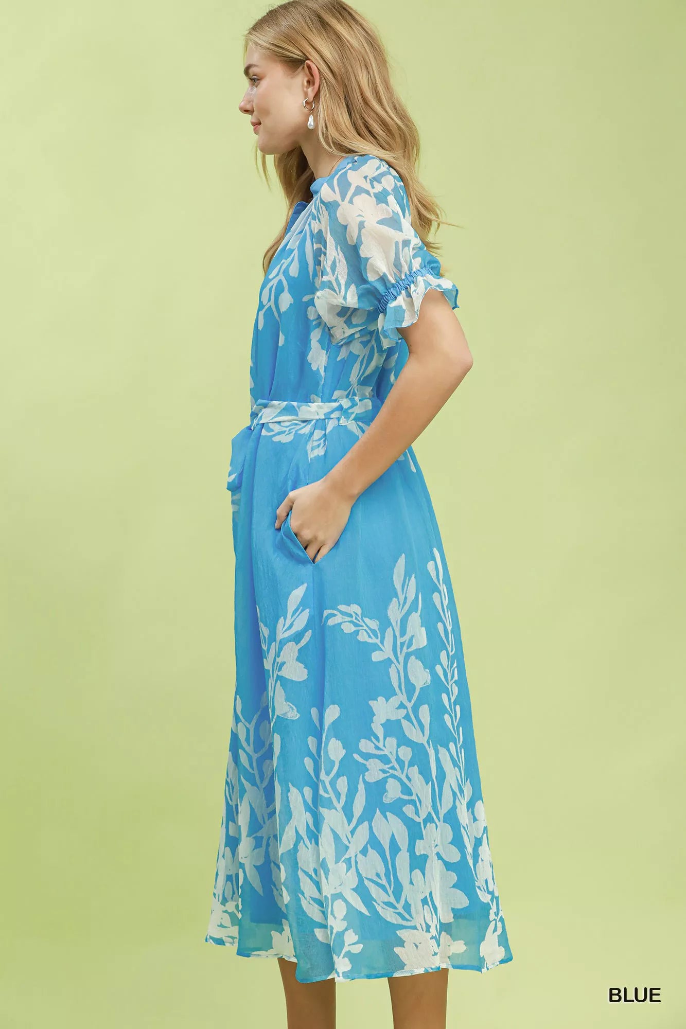 Umgee Floral Print Tie Waist Midi Dress with Side Pockets Secondary image