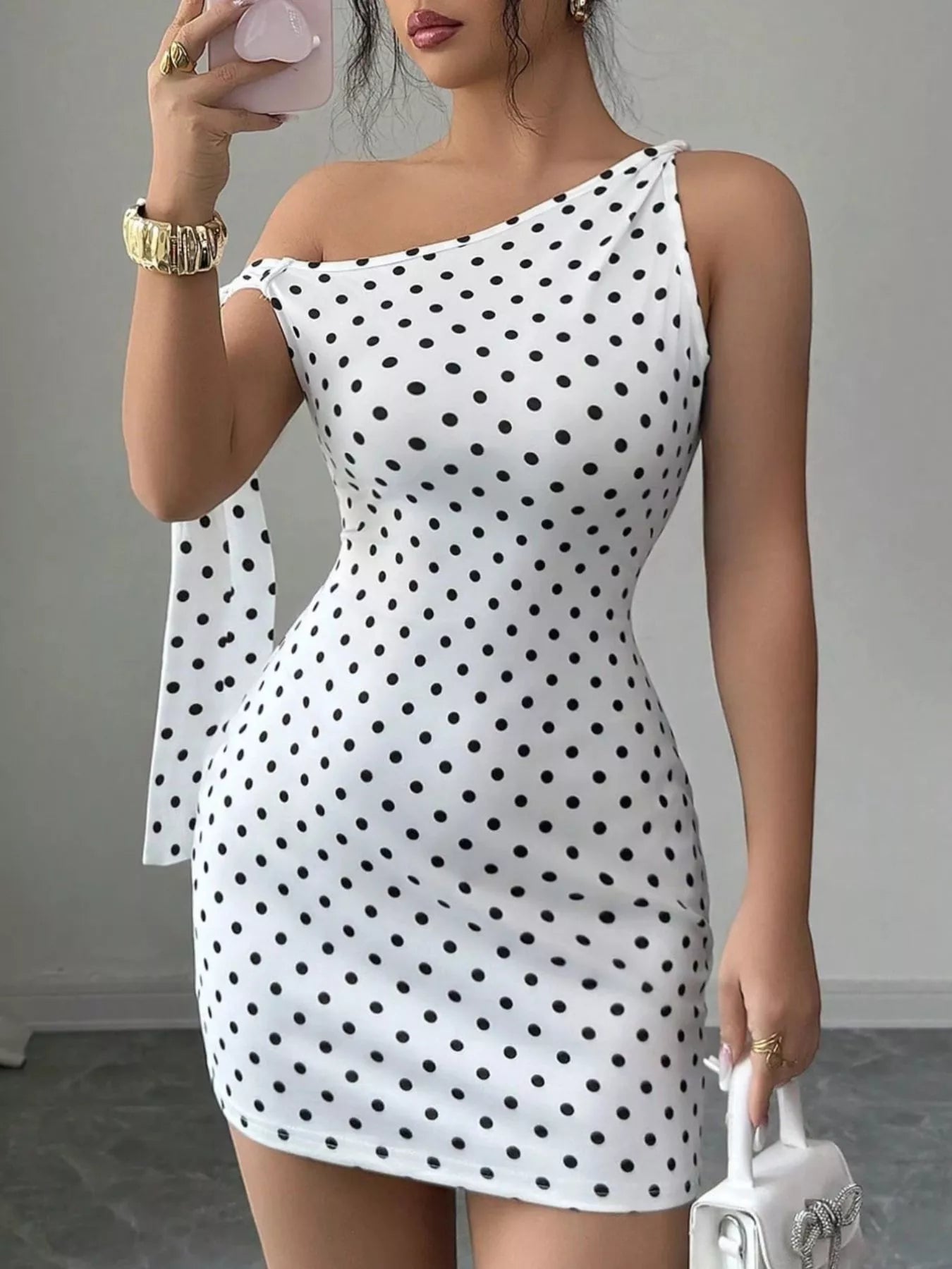 One-Shoulder Polka Dot Bodycon Mini Dress Secondary image