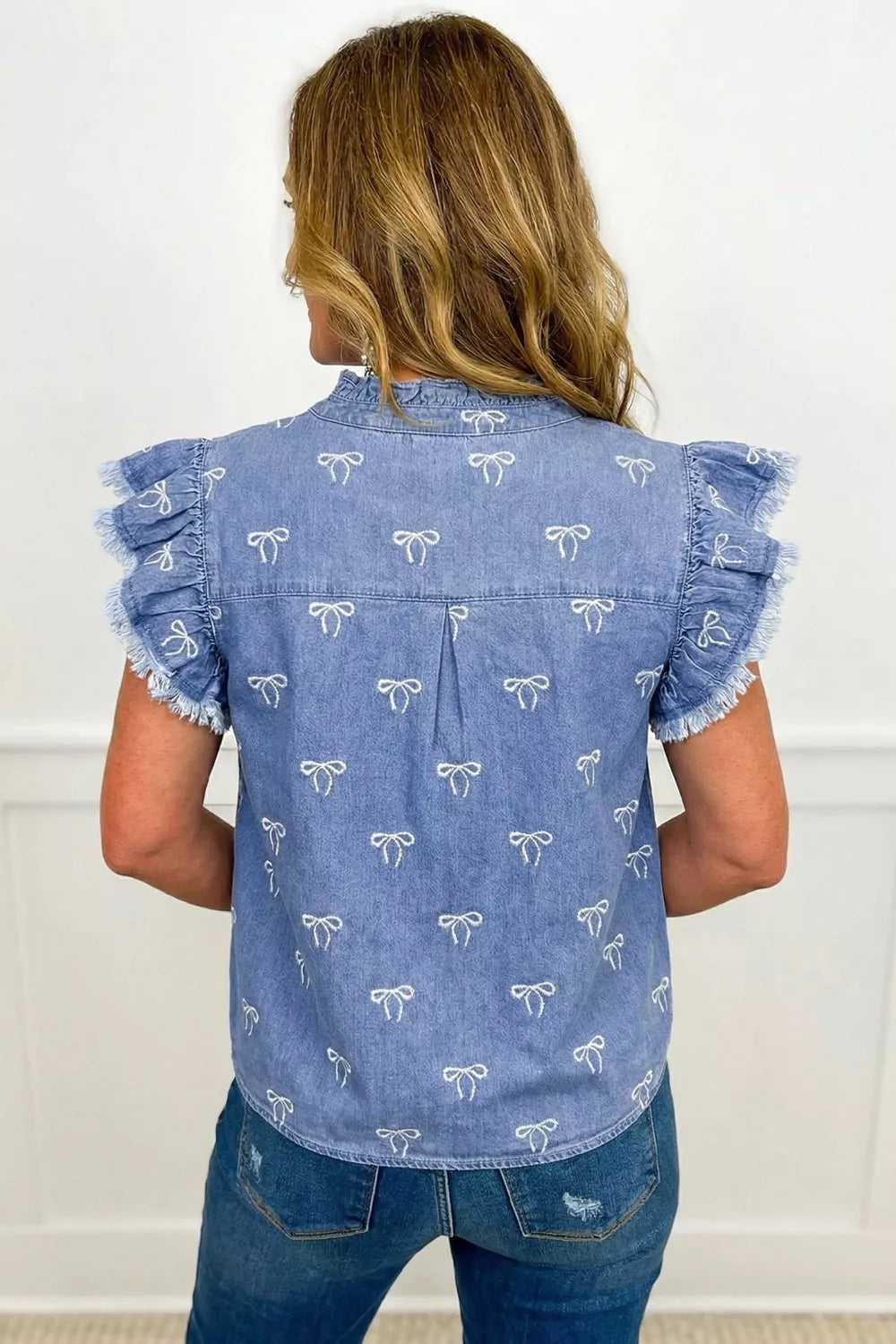 Frilled Collar Flutter Sleeve Denim Top Secondary image