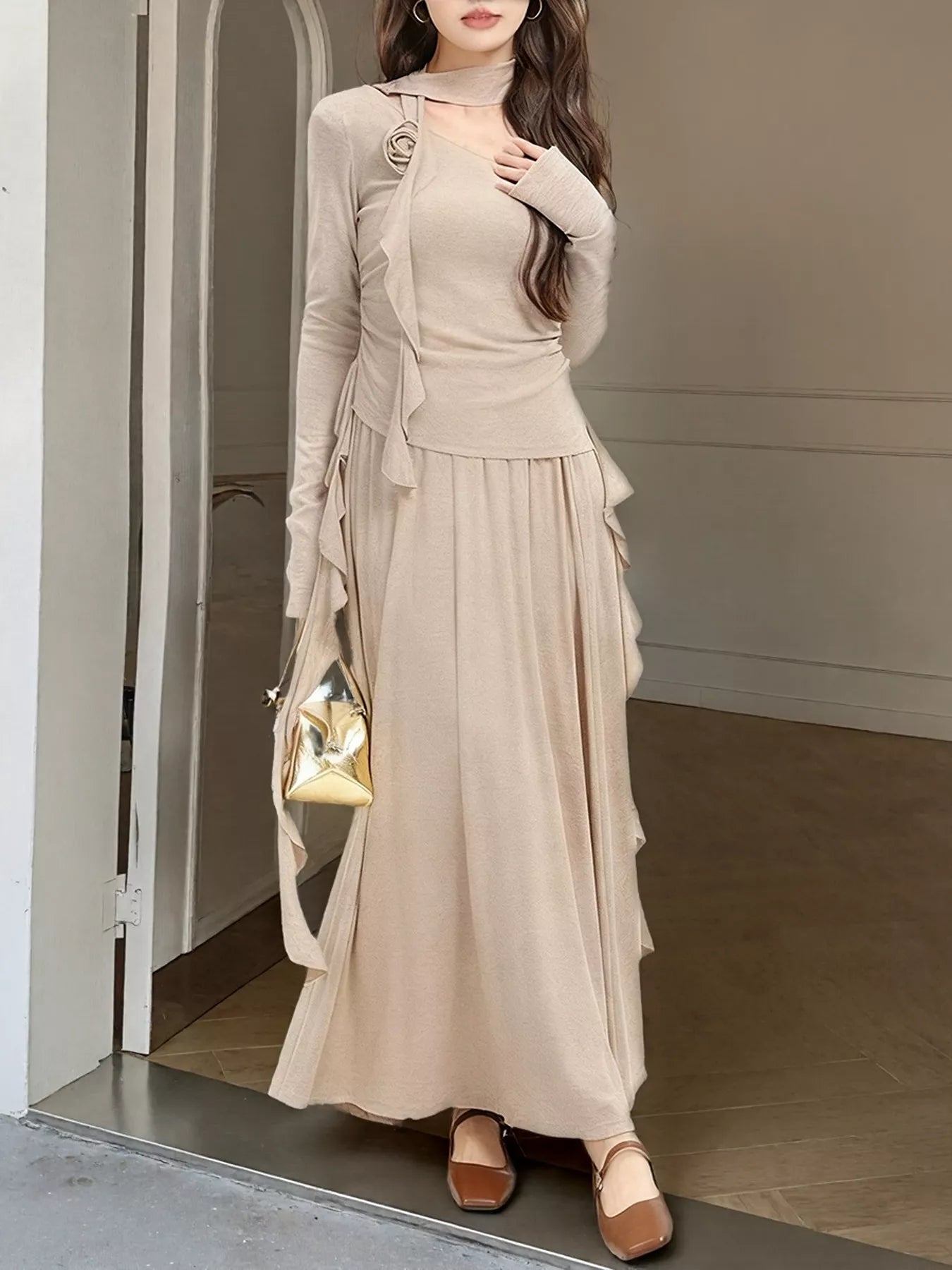 Ruffled Long Sleeve Knit Top and Maxi Skirt Set Secondary image