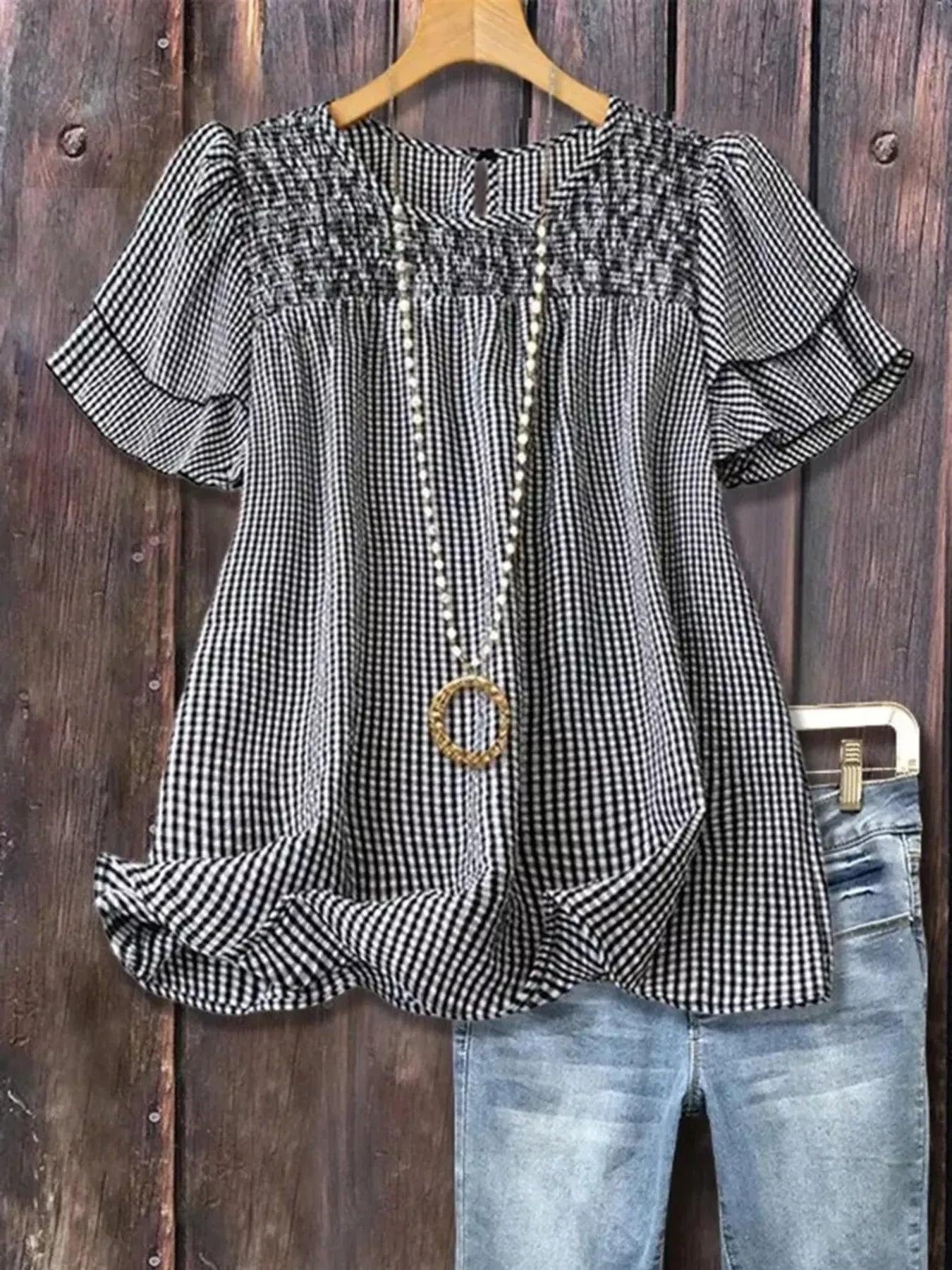 Full Size Gingham Smocked Ruffle Sleeve Blouse Plus Size Secondary image