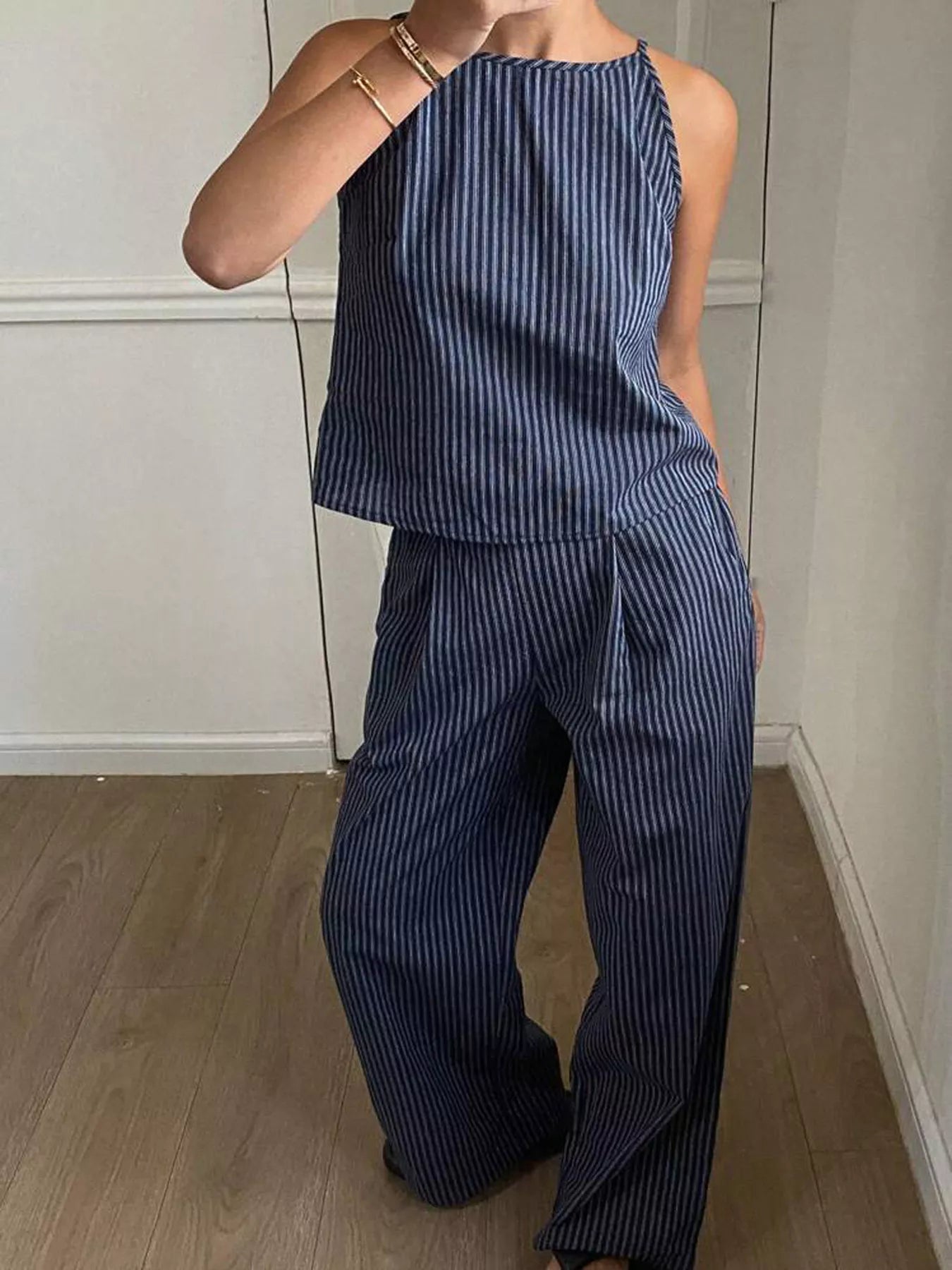 Striped Sleeveless Top and Wide-Leg Pants Set Secondary image