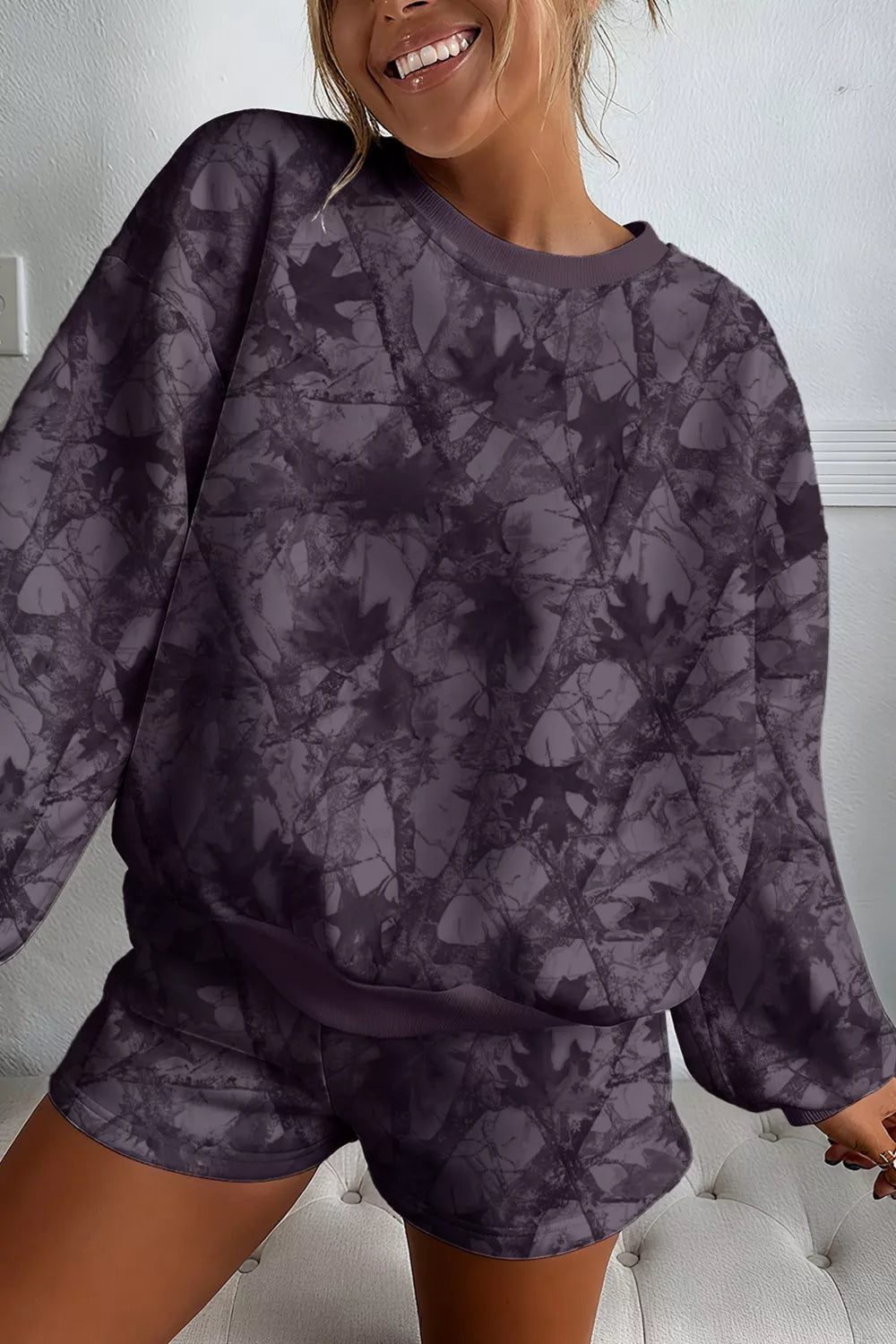 Abstract Woodland Camo Print Baggy Pullover Drawstring Shorts Set Secondary image