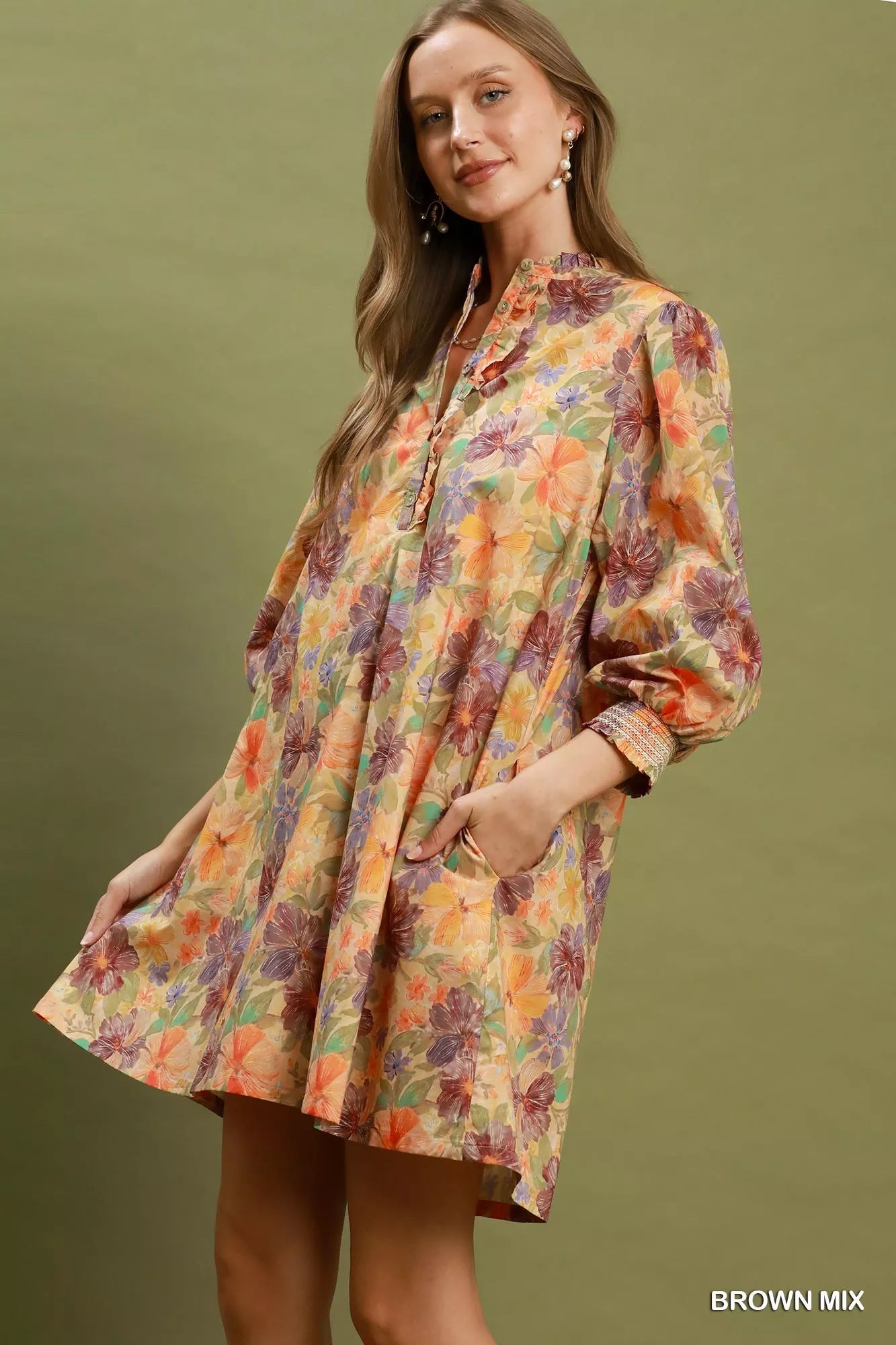 Umgee Mix Floral Print Smocked Cuff Mini Dress Secondary image
