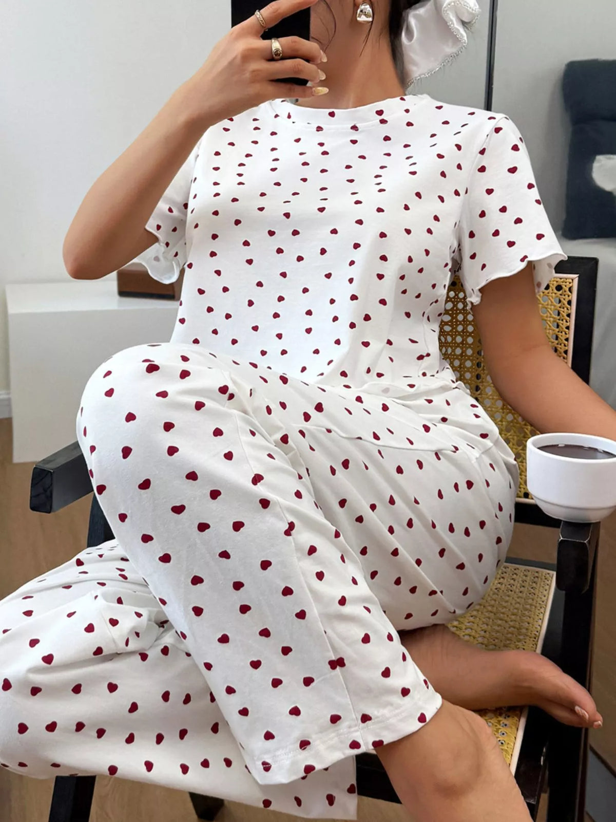 Polka Dot Short Sleeve Top and Shorts Set – White / Pink - photo 3