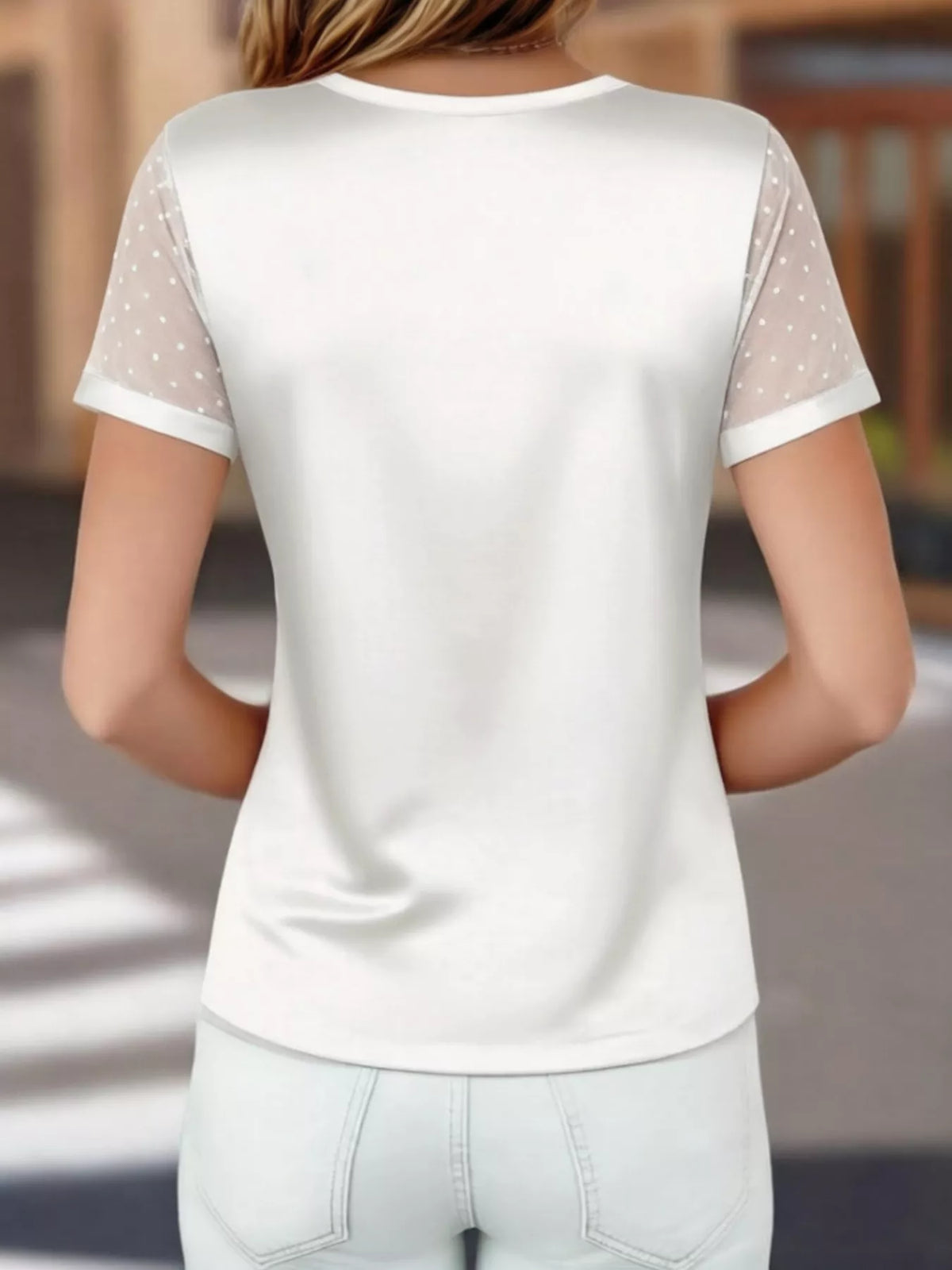 Satin V-Neck Sheer Short Sleeve Top - photo 11