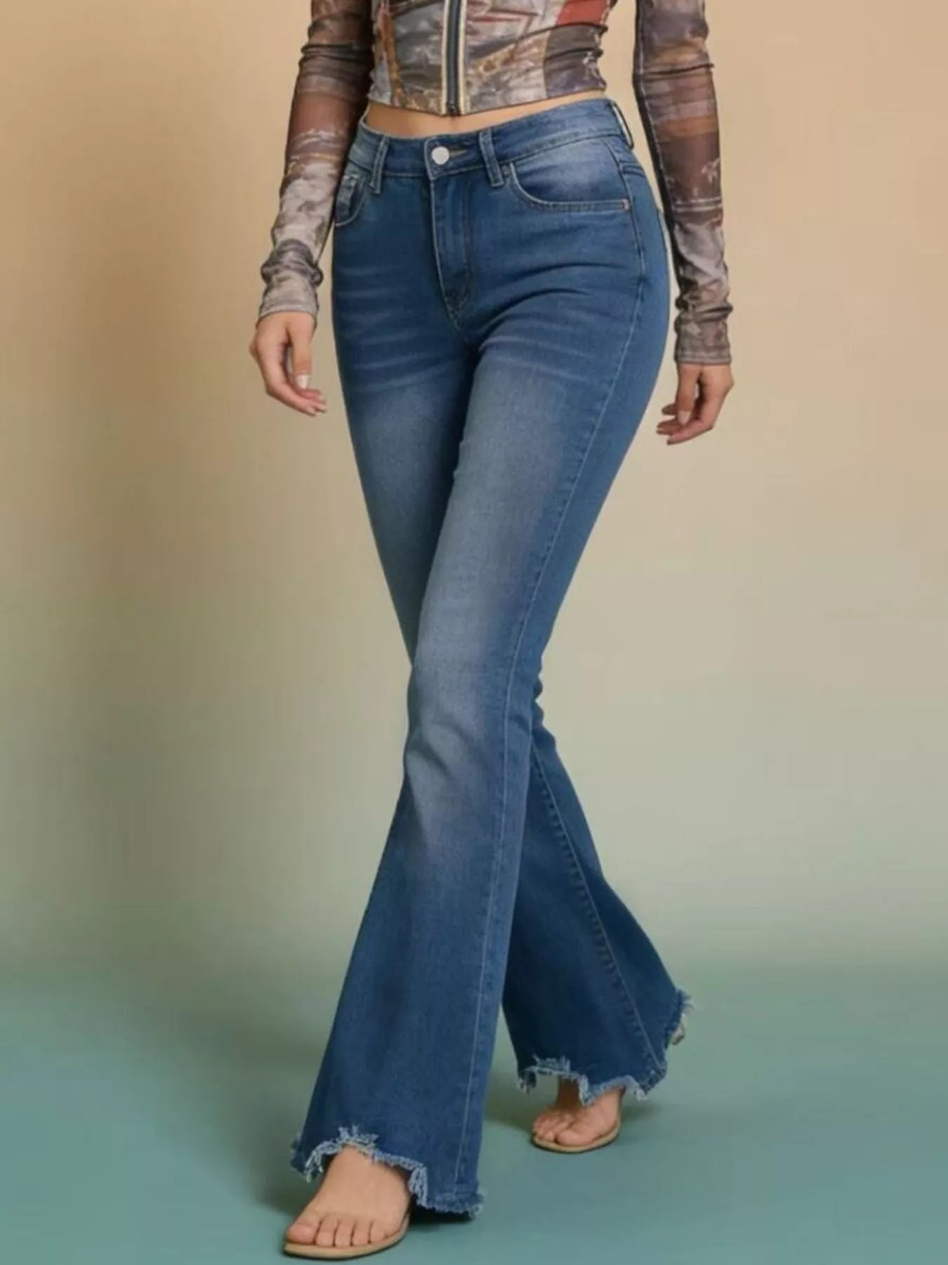 Raw Hem High-Waisted Flare Jeans Secondary image