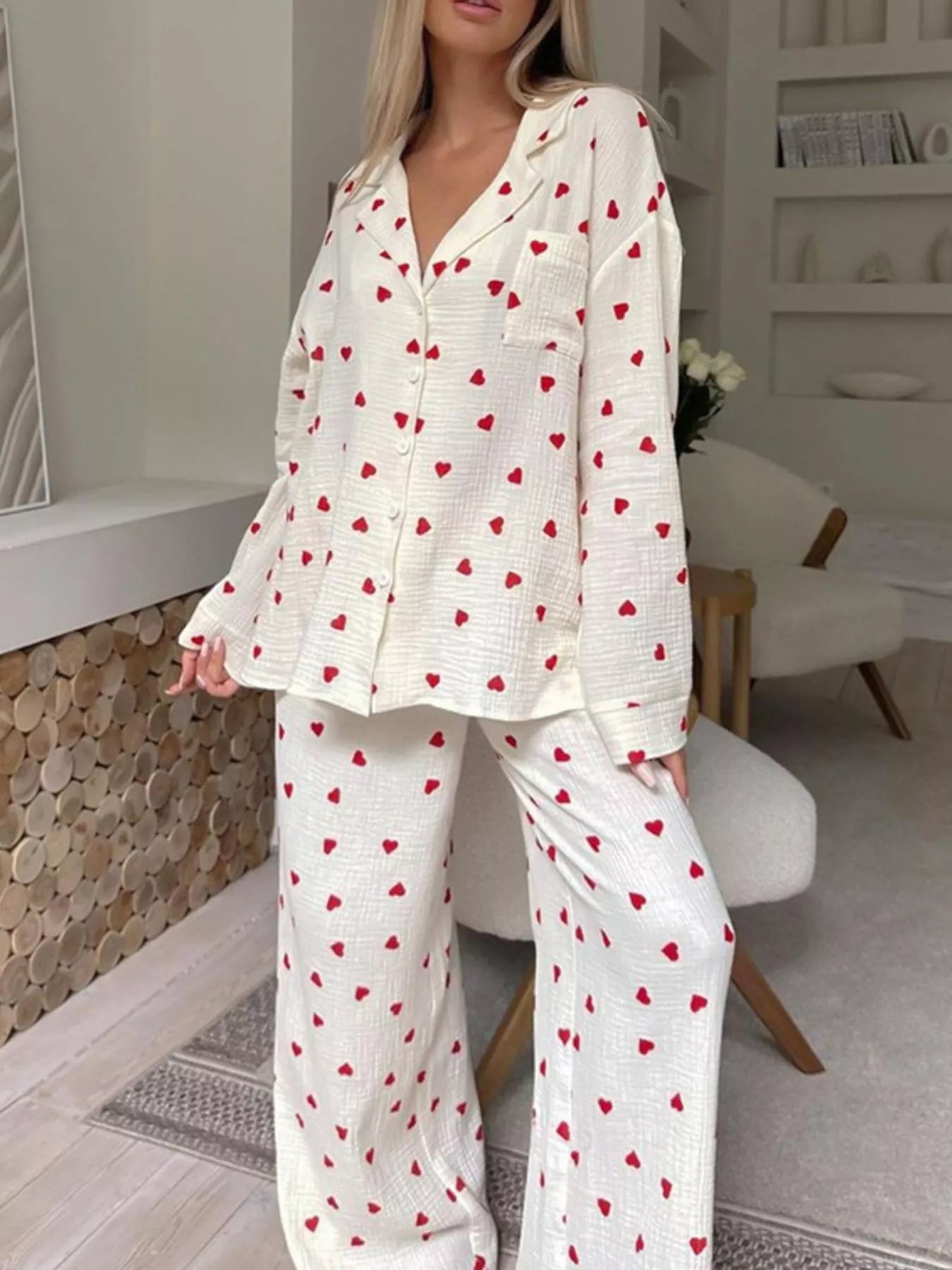 Heart Print Long Sleeve Top and Pants Lounge Set Secondary image