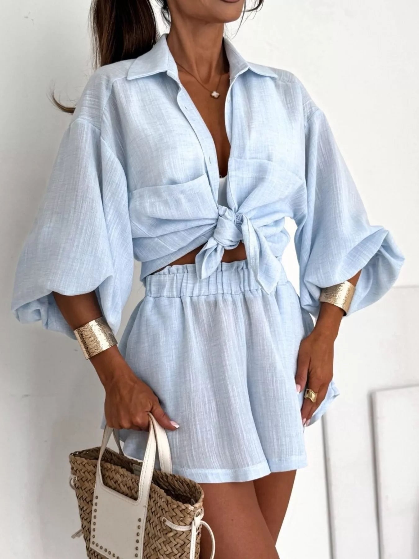Long Sleeve Shirt and High-Waisted Shorts Set Secondary image