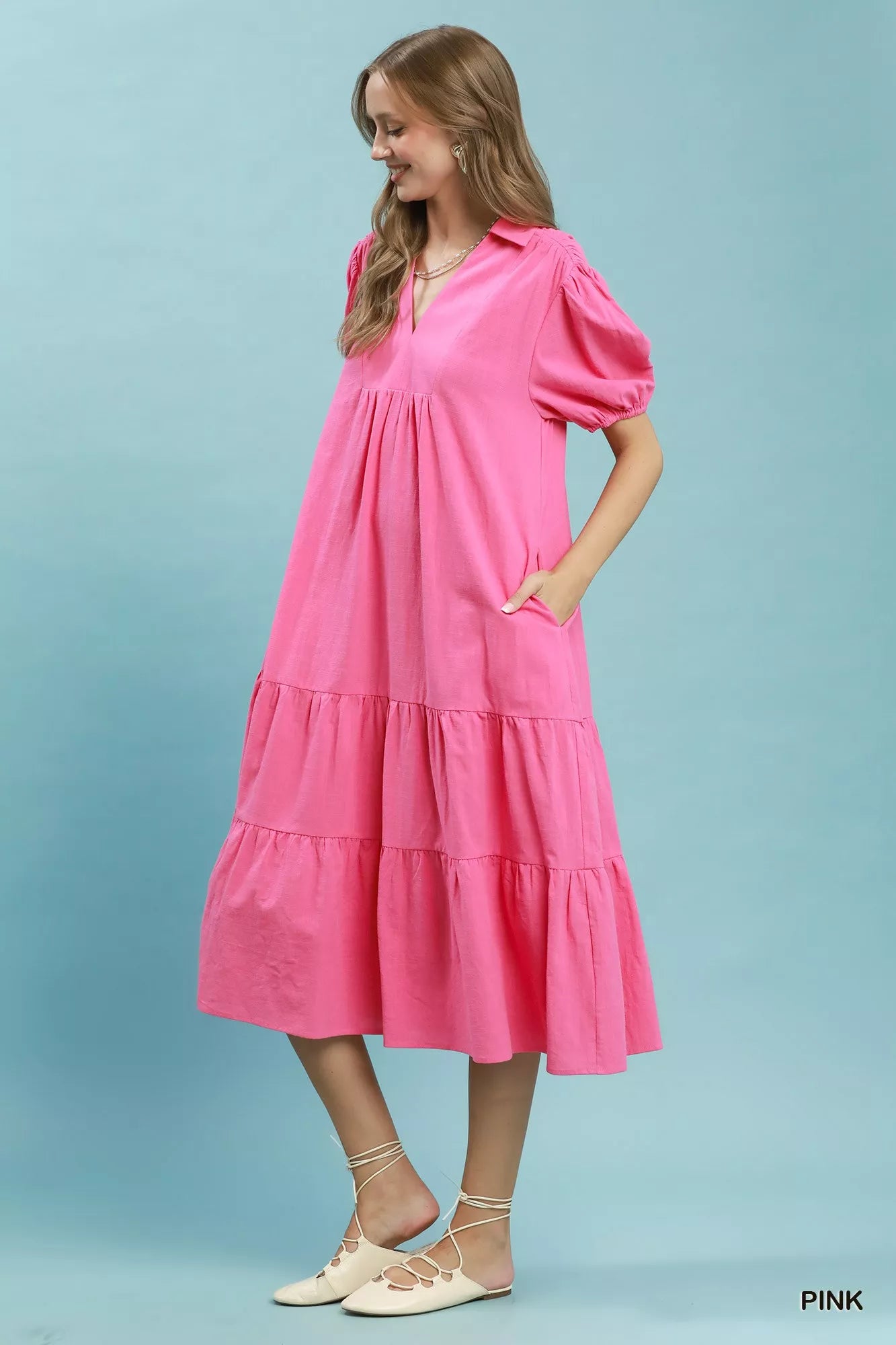 Umgee Solid Tiered Midi Dress Secondary image