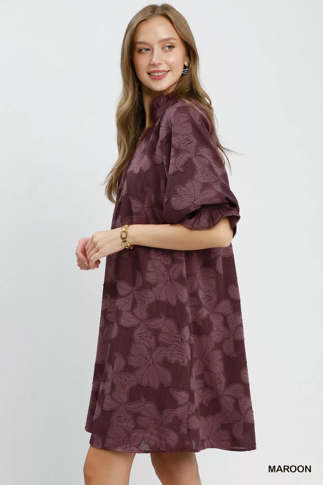 Umgee Floral Textured Jacqaurd V-Neck Dress Secondary image