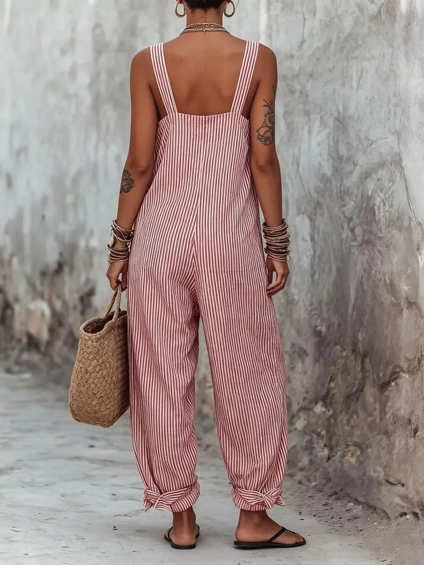 Full Size Striped Square Neck Wide Leg Jumpsuit Plus Size Secondary image