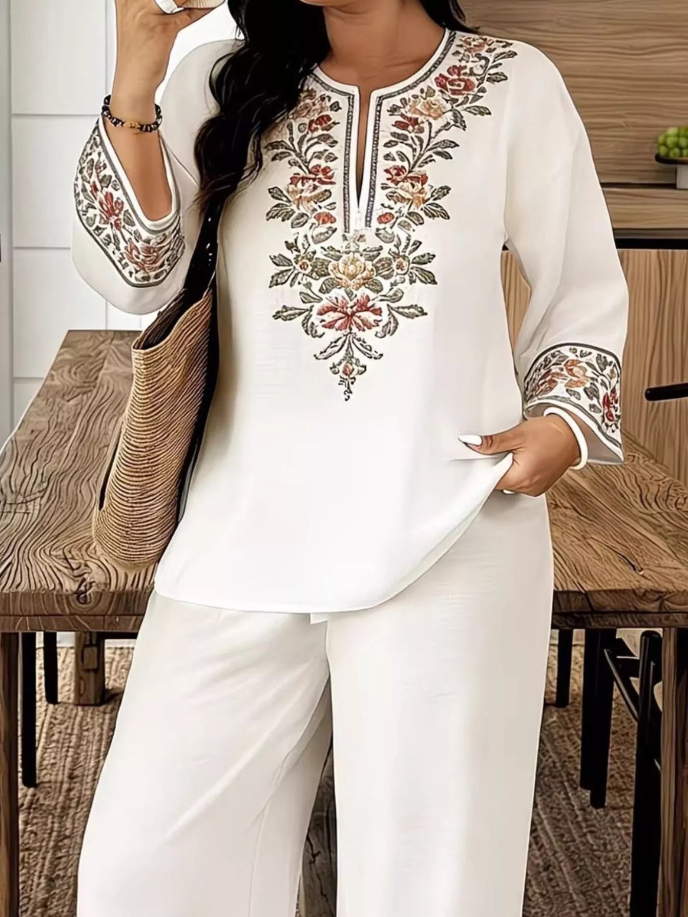 Full Size Embroidered Long Sleeve Top and Pants Set Plus Size Secondary image