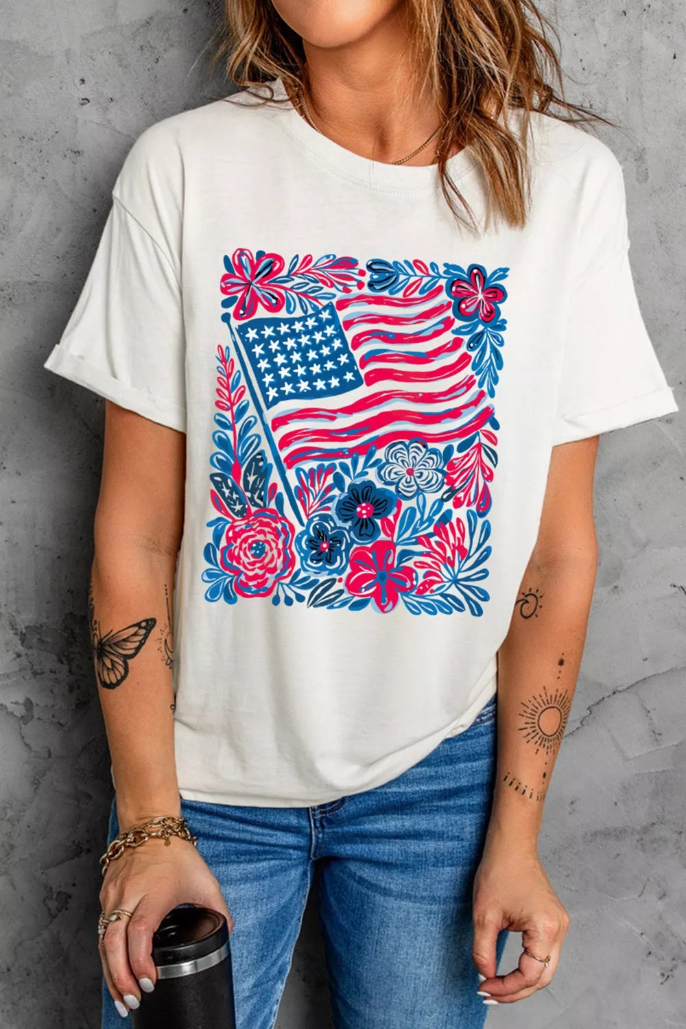 Floral Flag Aesthetics Patriotic Graphic T Shirt Secondary image