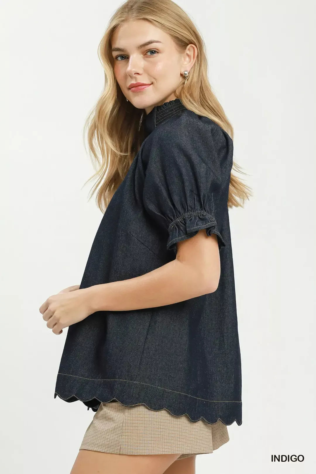 Umgee Chambray Puff Sleeve Scallop Hem Blouse Secondary image