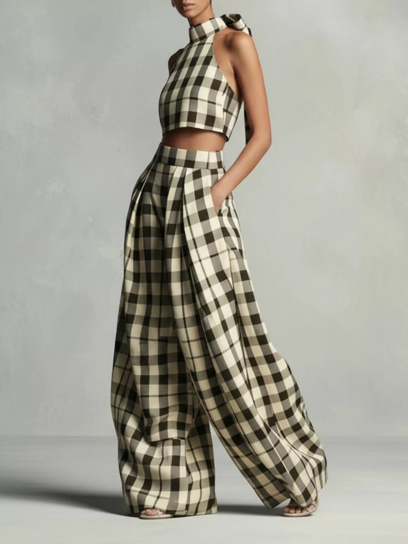Plaid Halter Neck Crop Top and Wide-Leg Pants Two-Piece Set Secondary image
