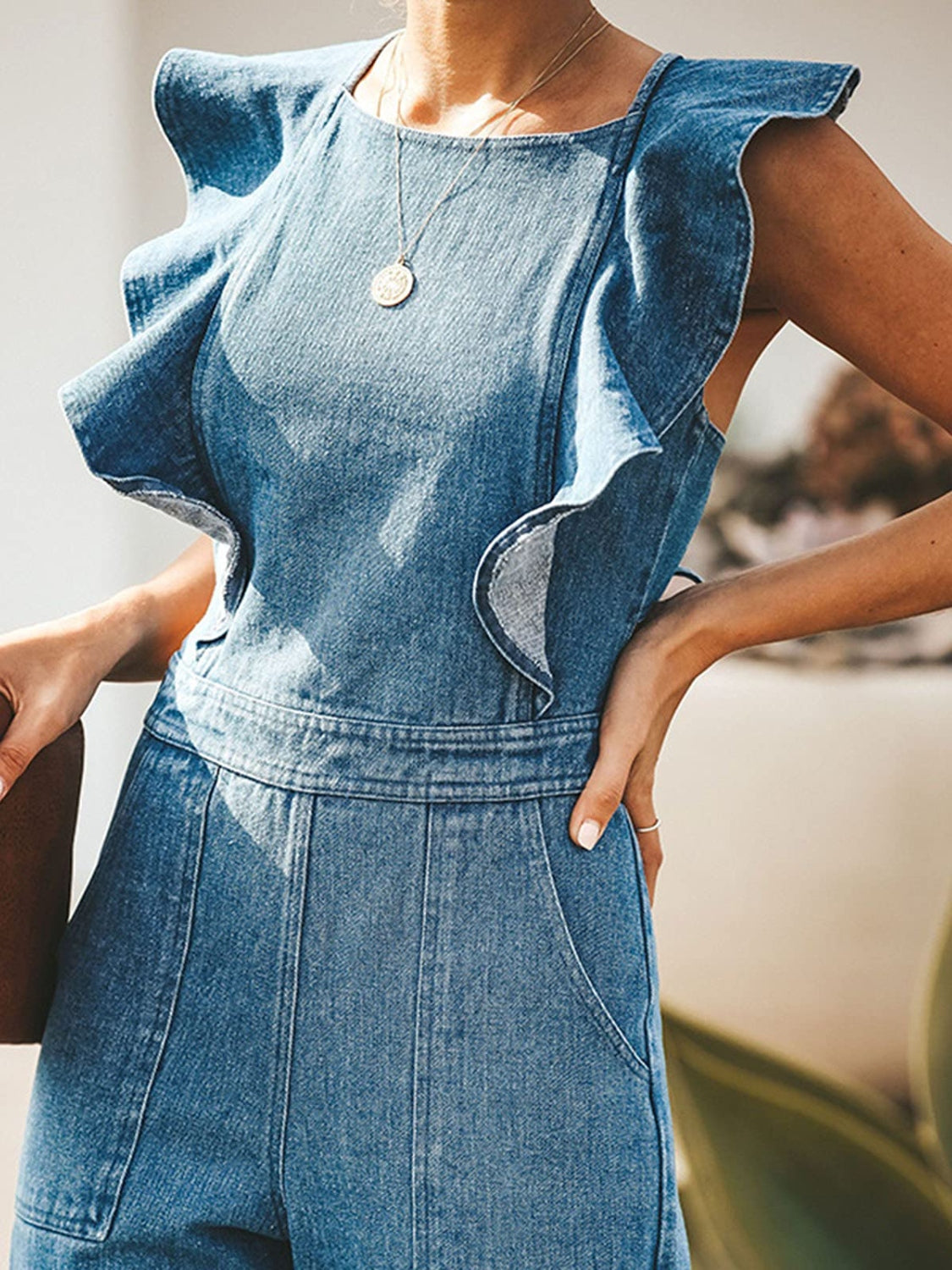 Ruffled Sleeveless Denim Jumpsuit Secondary image