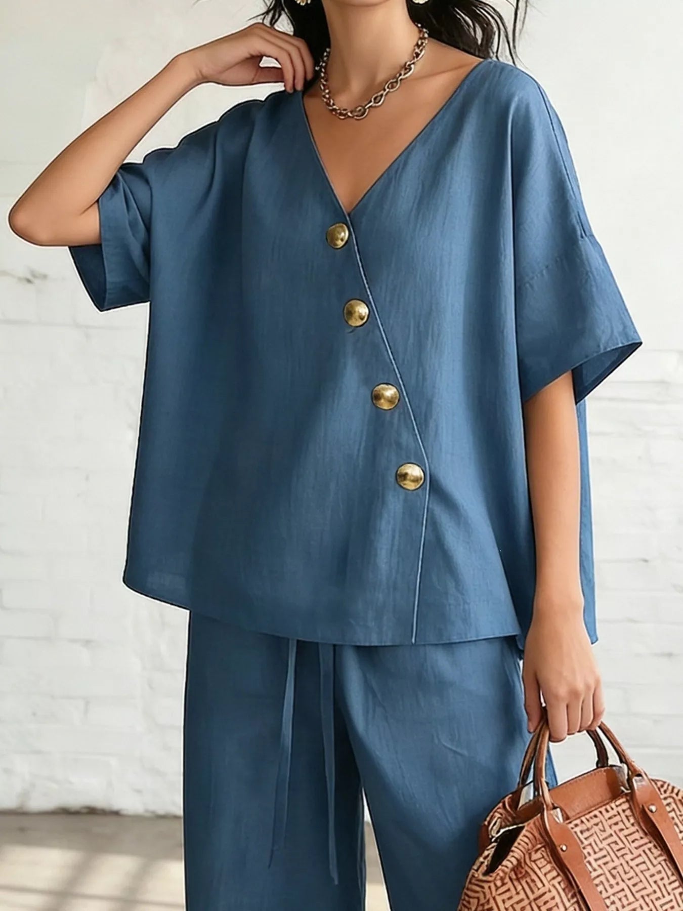 Full Size Surplice Half Sleeve Top and Wide-Leg Pants Set Plus Size Secondary image