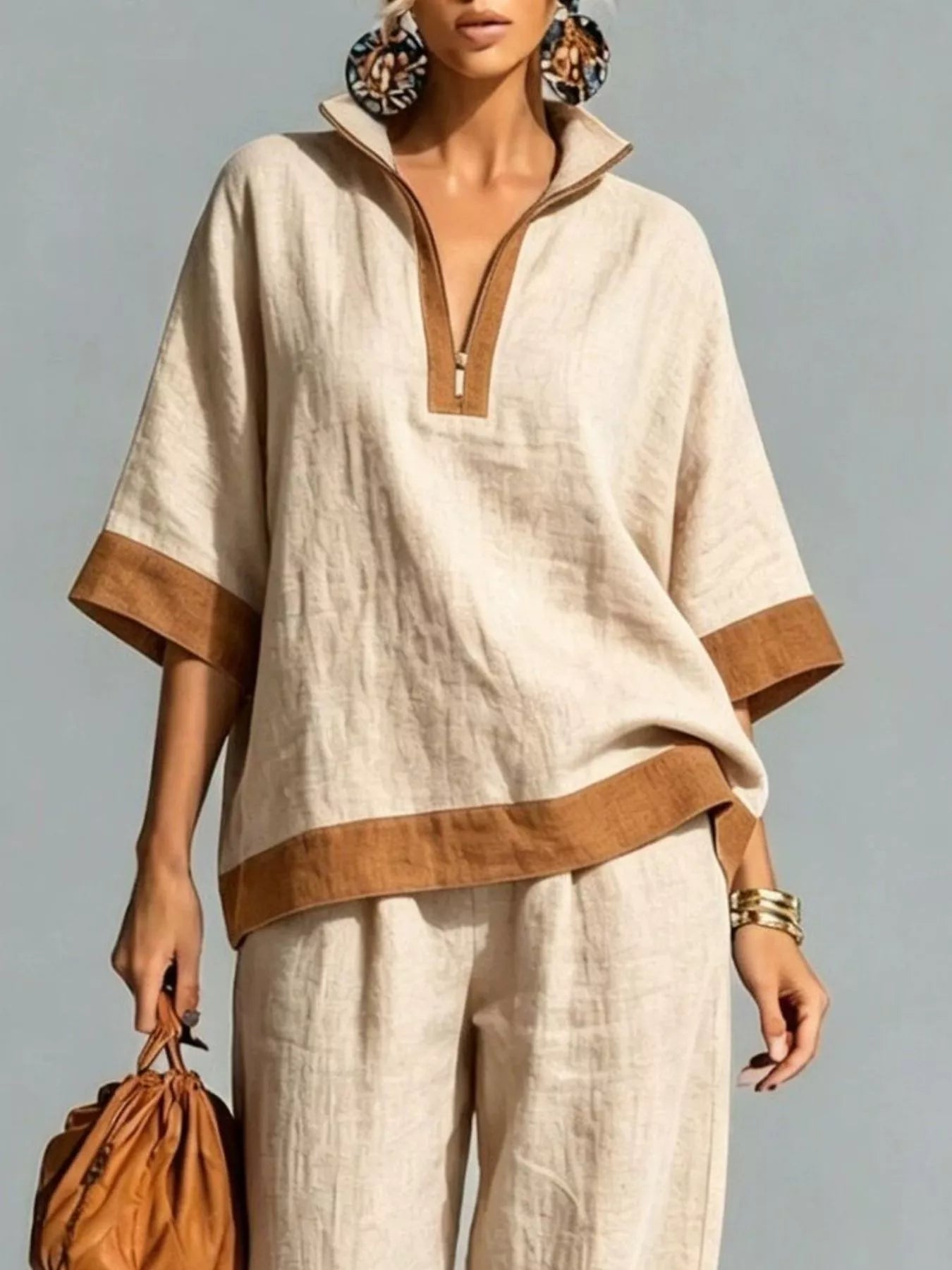 Full Size Contrast Trim Top and Wide Leg Pants Set Plus Size Secondary image