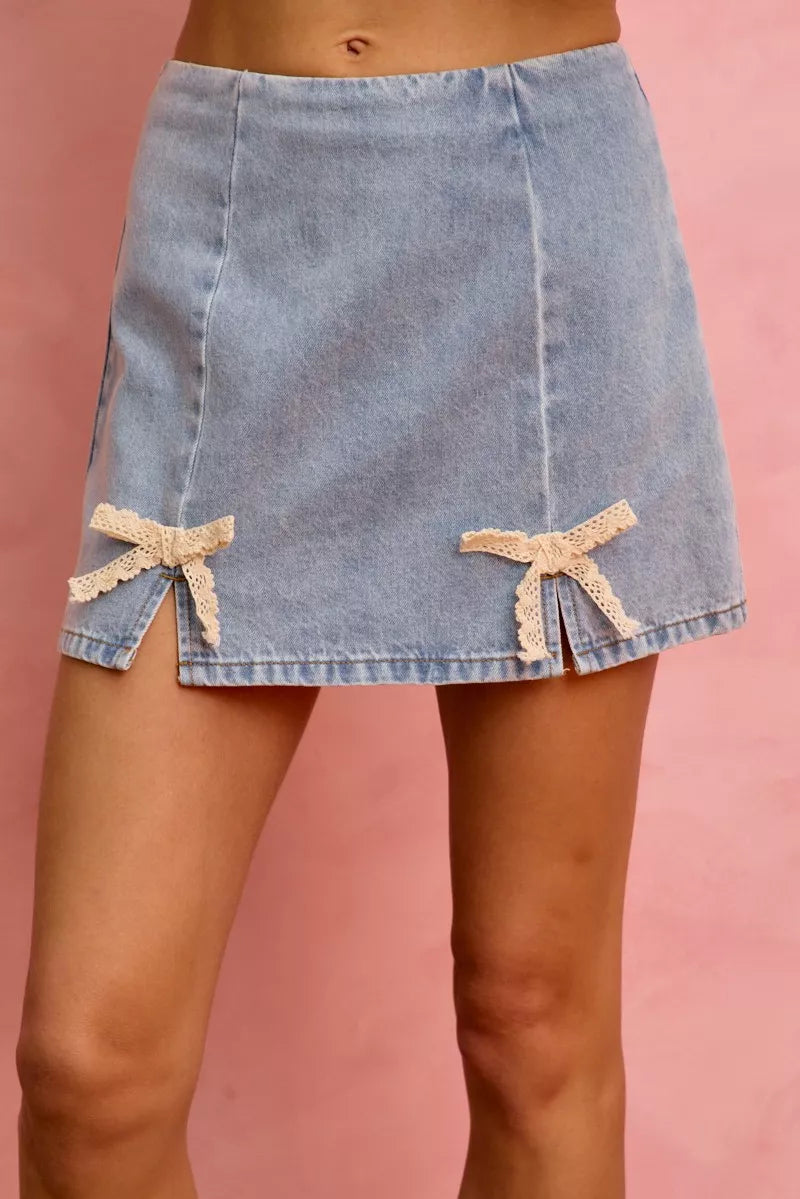 SO ME Lace Ribbon Trim Denim Mini Skirt Secondary image