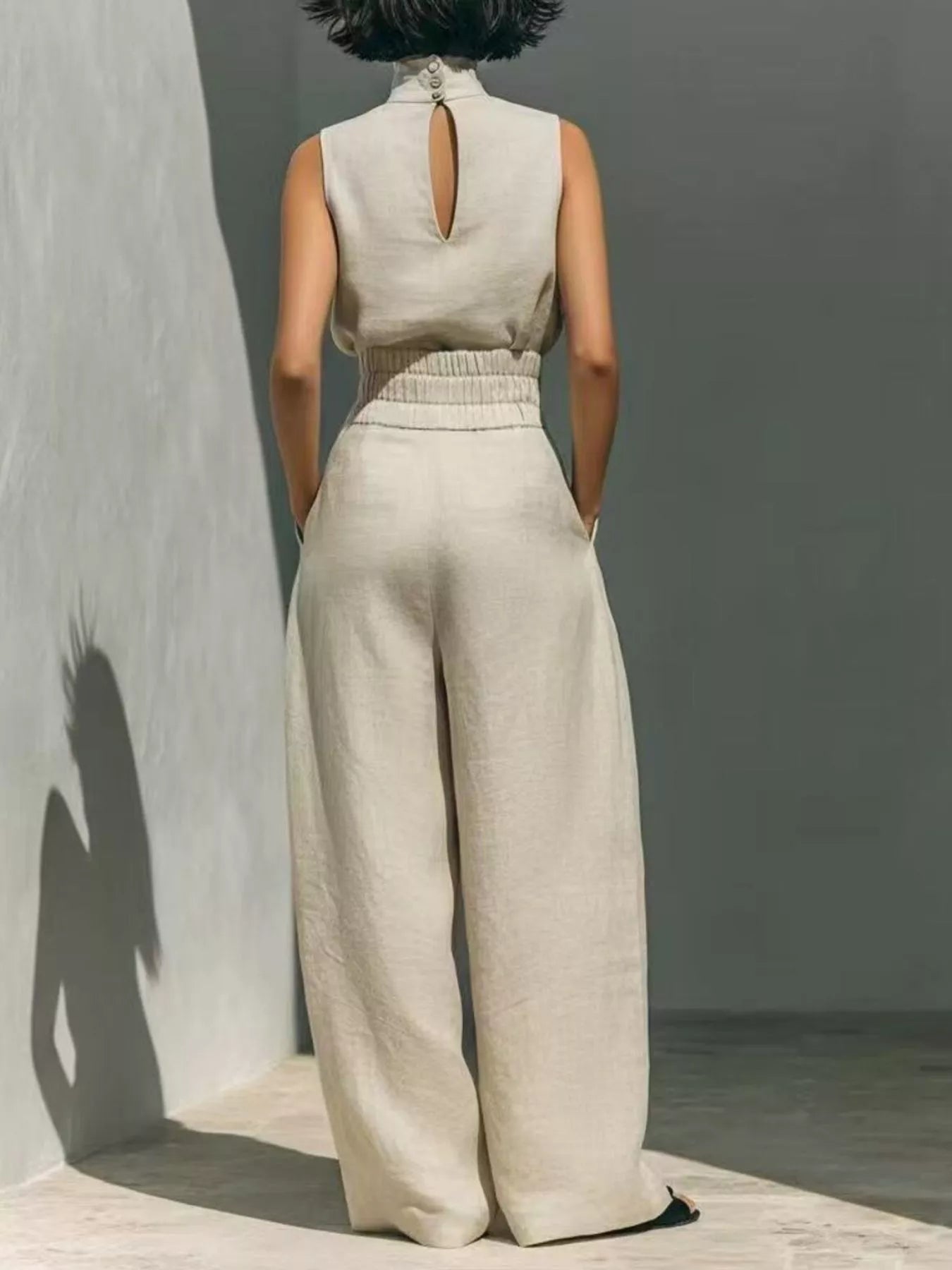 High Neck Sleeveless Top and Wide Leg Pants Set Secondary image