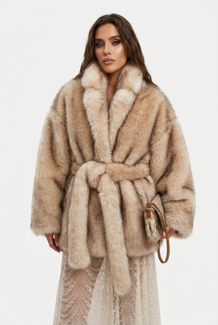 Faux Fox Fur Coat | Belted Mid-Length Plush Outerwear