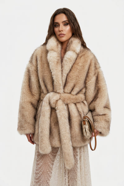 Faux Fox Fur Coat | Belted Mid-Length Plush Outerwear