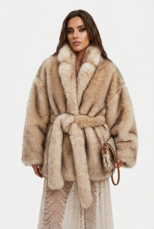 Faux Fox Fur Coat | Belted Mid-Length Plush Outerwear