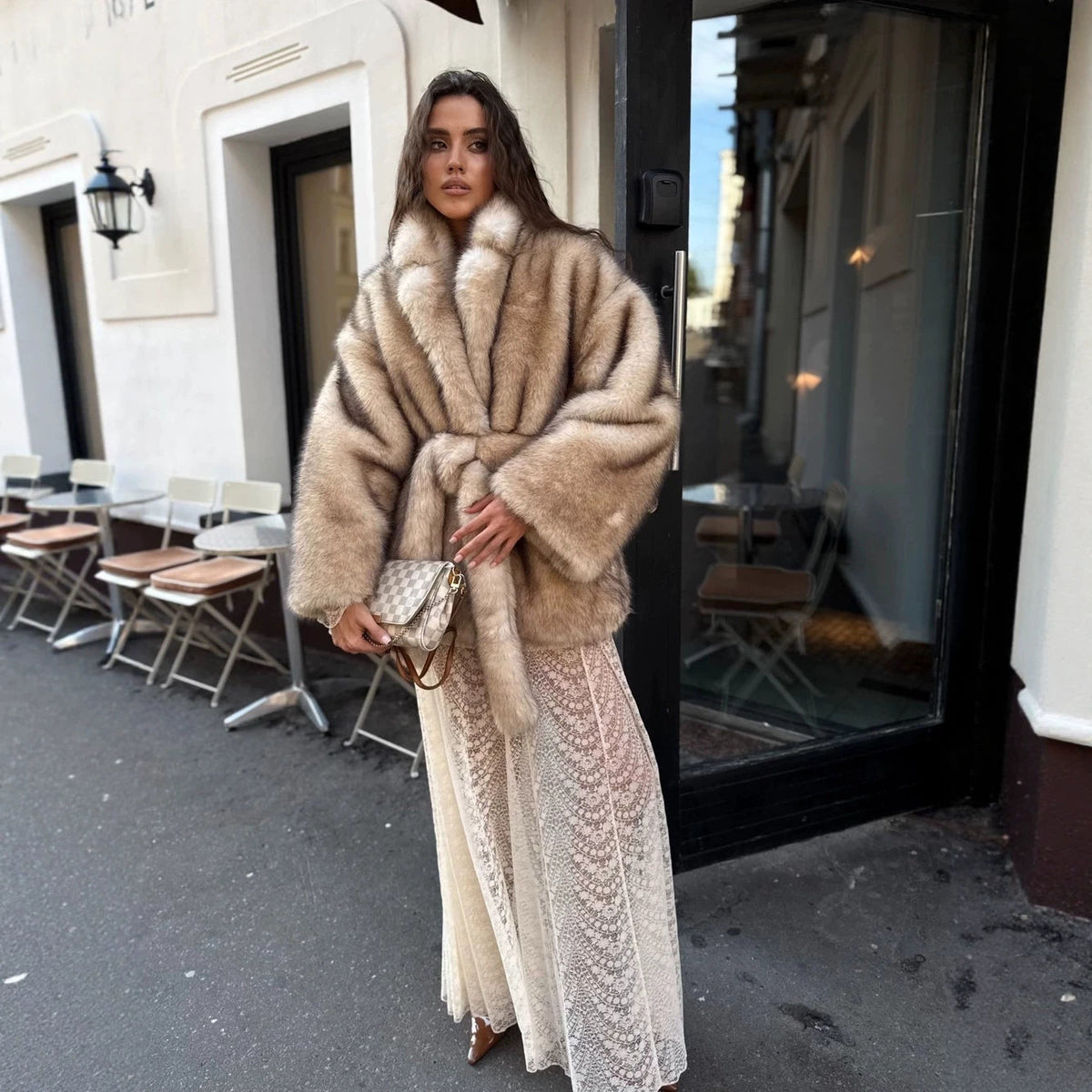 Faux Fox Fur Coat | Belted Mid-Length Plush Outerwear