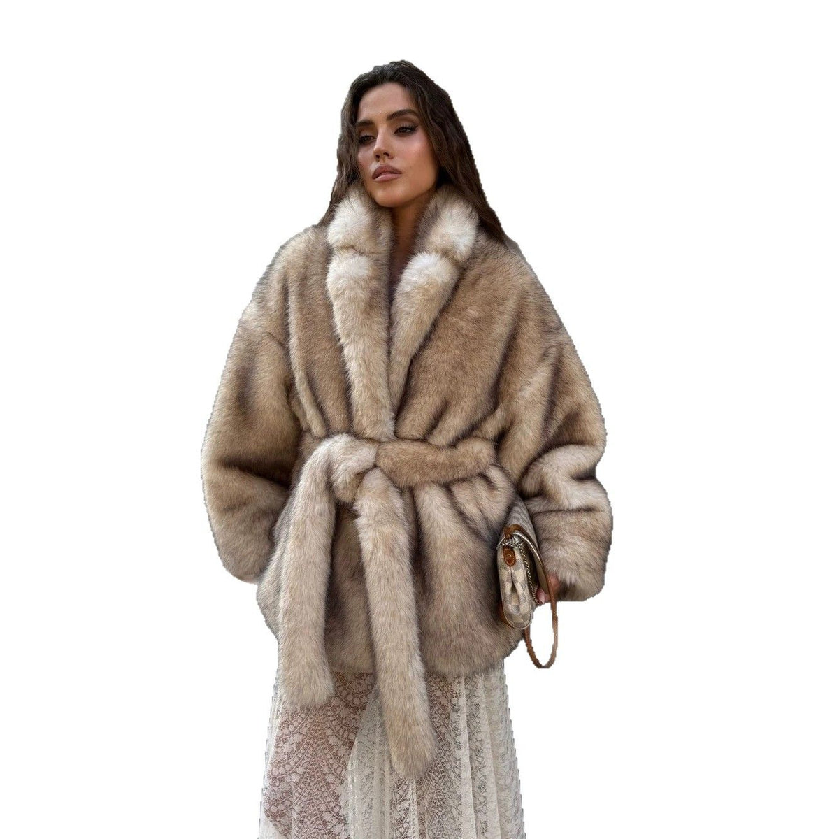 Faux Fox Fur Coat | Belted Mid-Length Plush Outerwear
