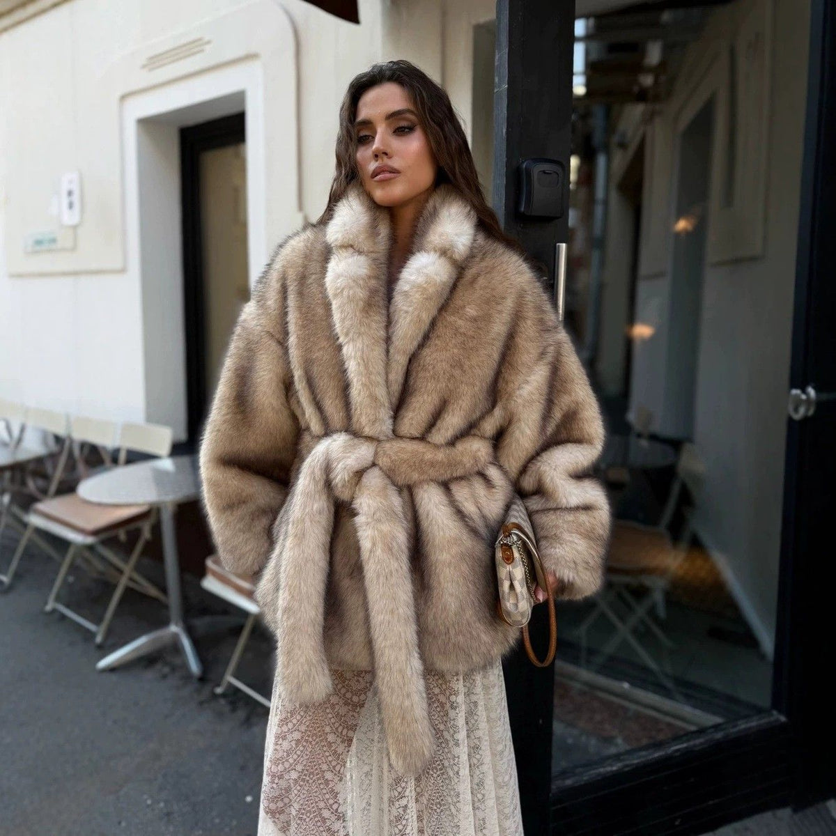Faux Fox Fur Coat | Belted Mid-Length Plush Outerwear