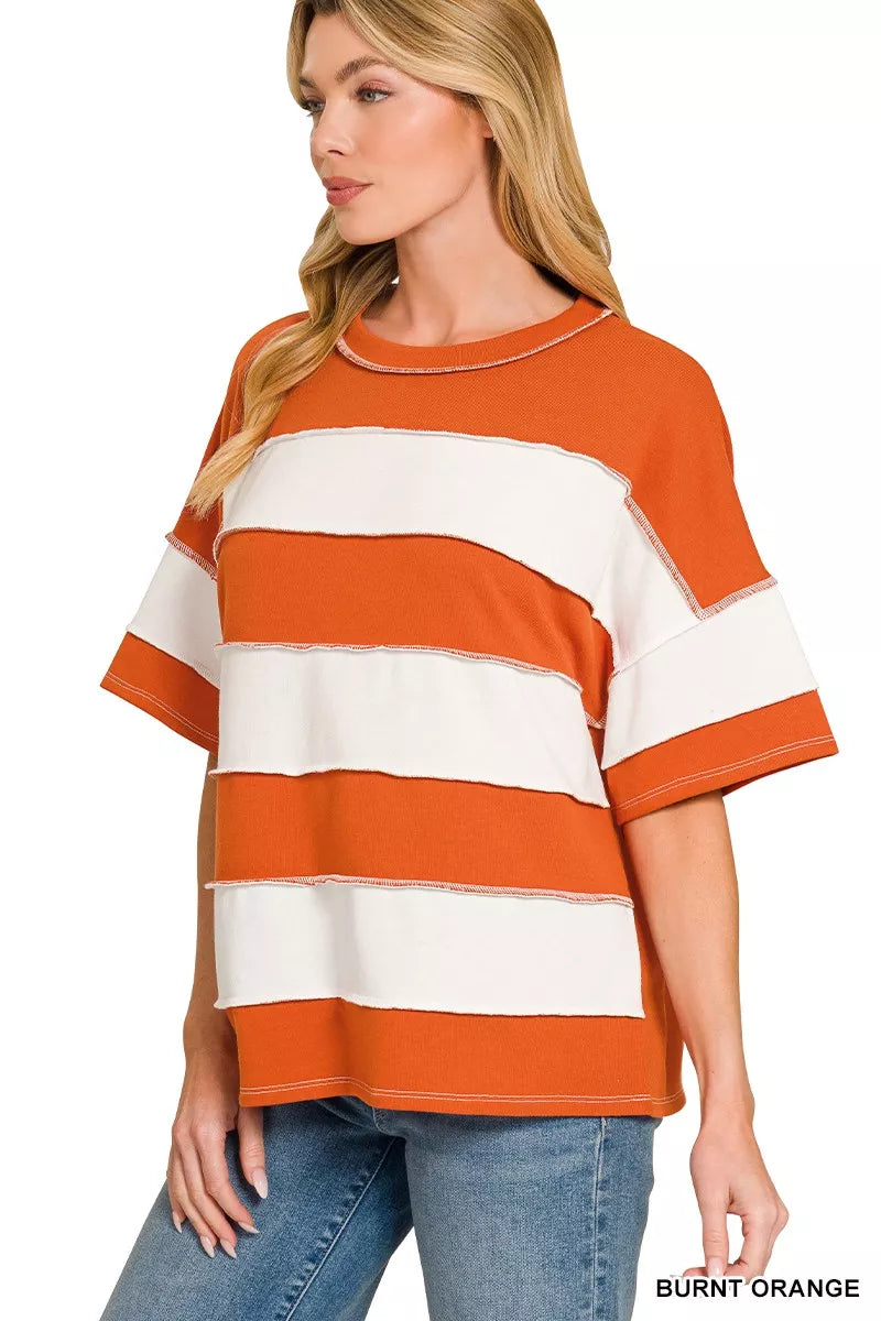 Zenana French Terry Striped Exposed Seam Top Secondary image