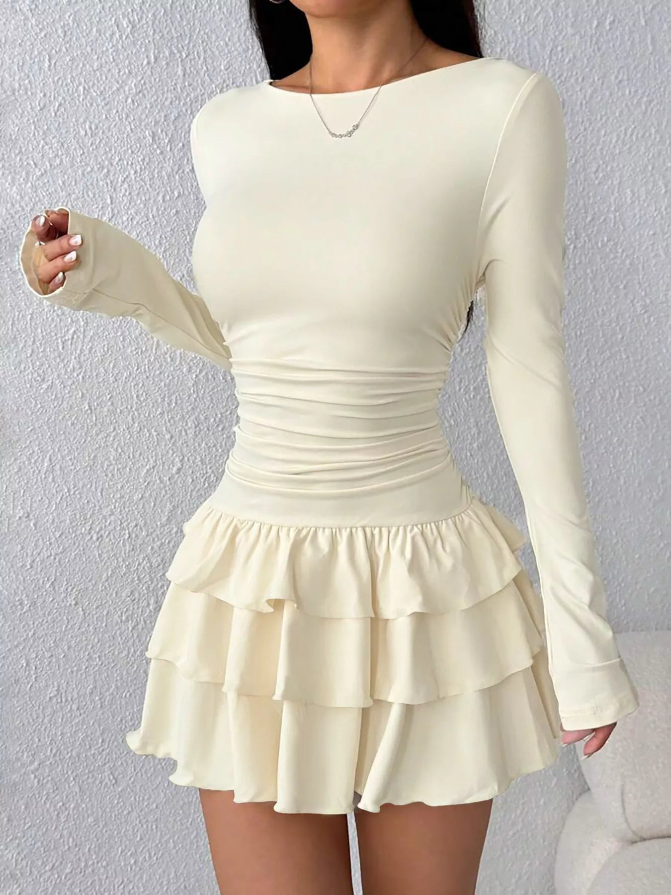 Ruched Long Sleeve Layered Ruffle Mini Dress Secondary image