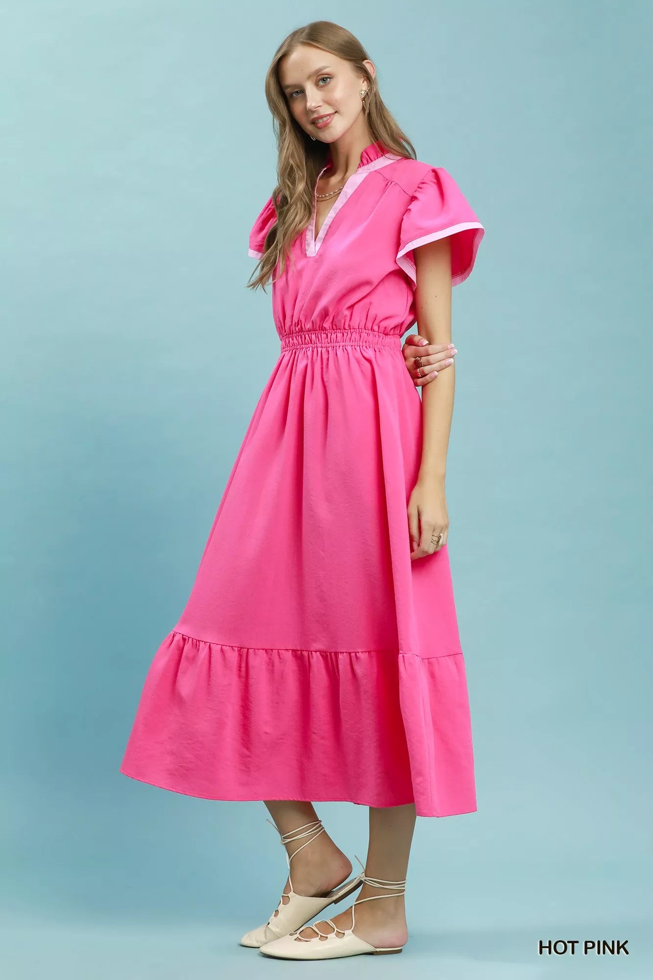 Umgee Contrast Trim Midi Dress with Tiered Ruffle Hem Secondary image