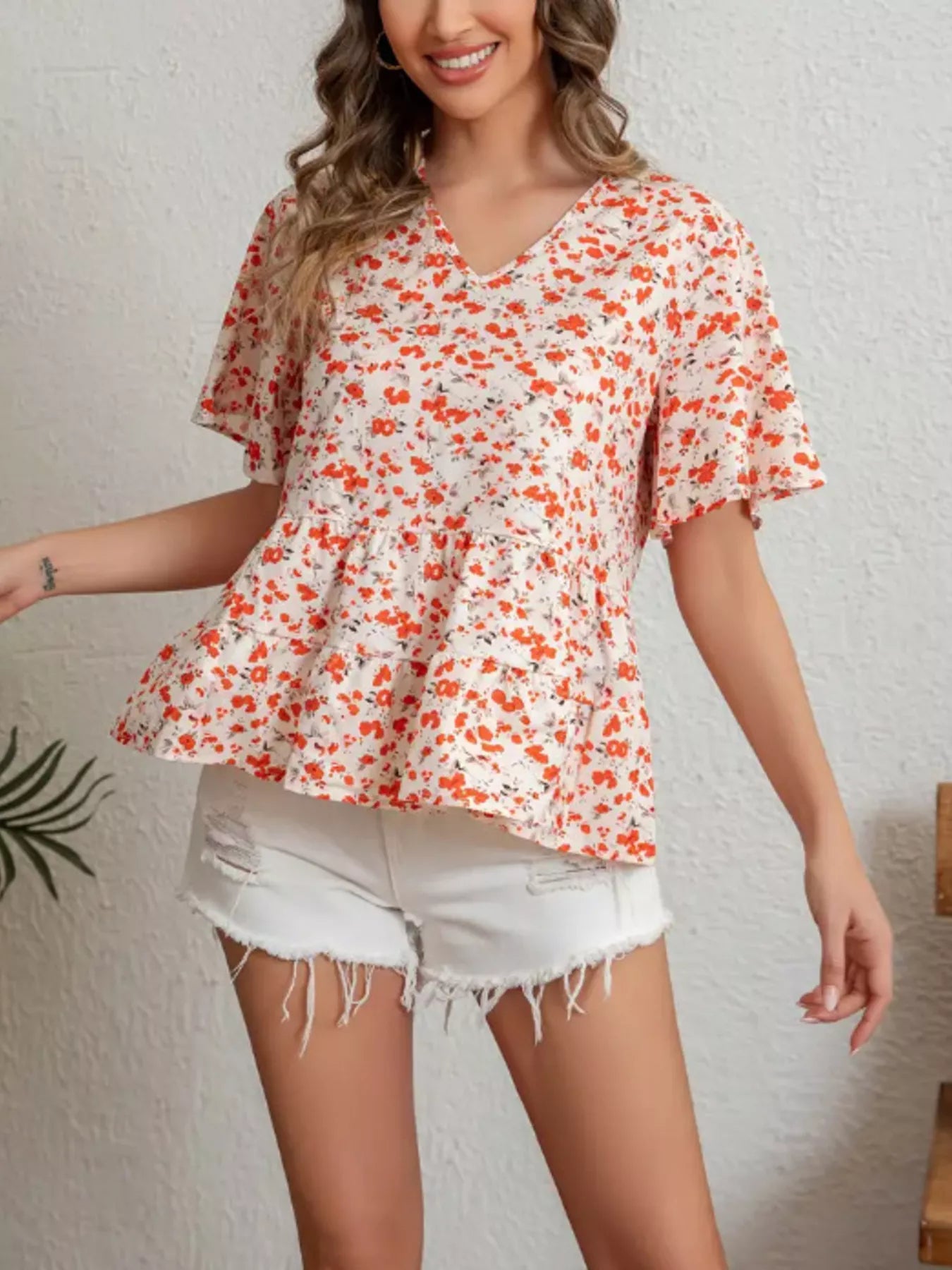 Floral Print V-Neck Ruffle Sleeve Peplum Blouse Secondary image