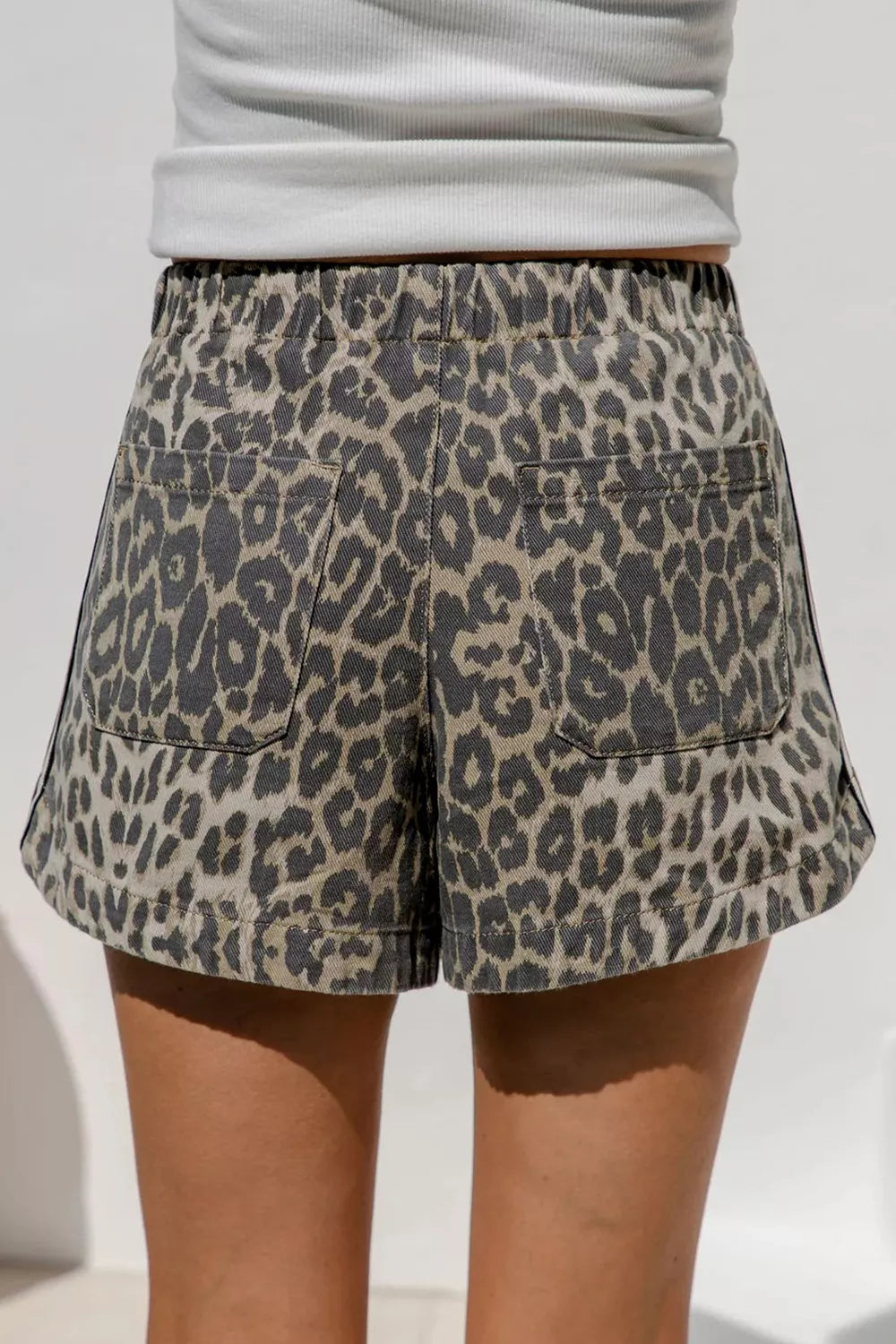 Multicolour Leopard Pattern Striped Detail Drawstring Denim Shorts Secondary image