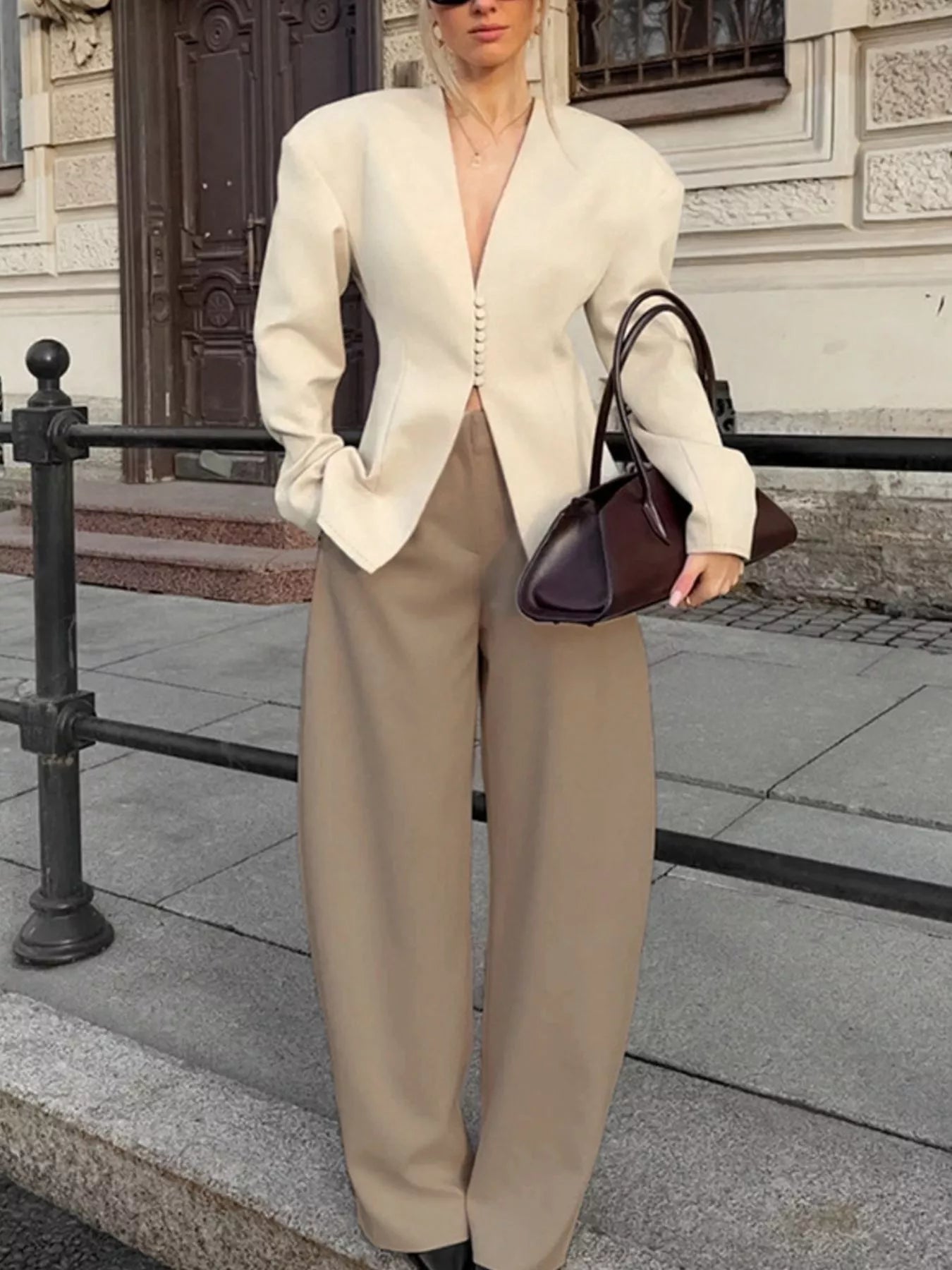 V-Neck Button-Up Blazer with Structured Shoulders Secondary image