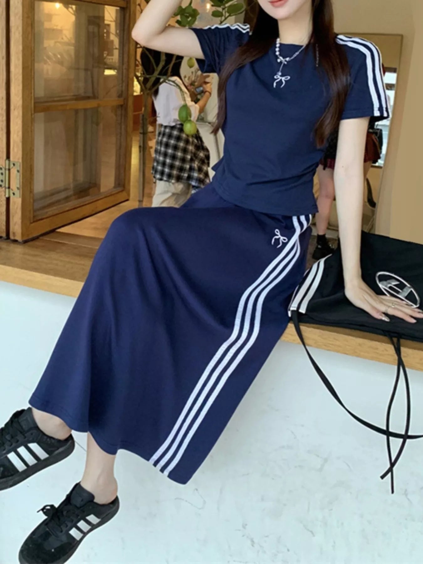 Striped Round Neck Tee and Skirt Set Secondary image
