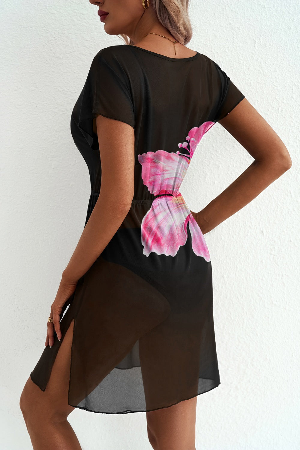 e Floral Print V Neck Semi Sheer Beach Cover Up Dress Secondary image