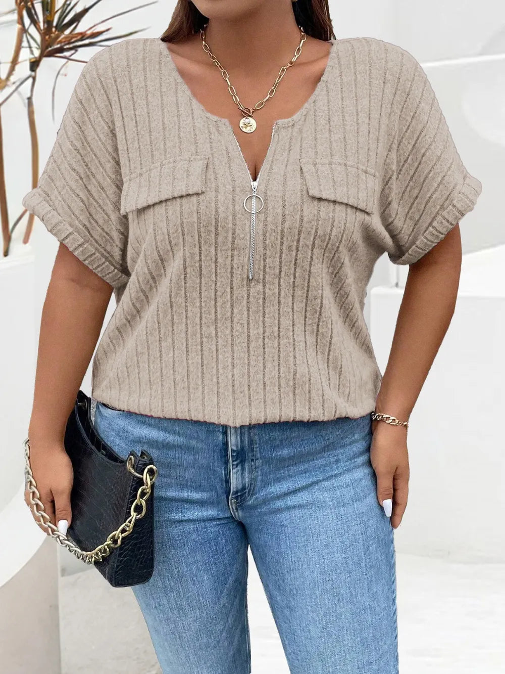 Plus Size Half Zip Short Sleeve T-Shirt Secondary image