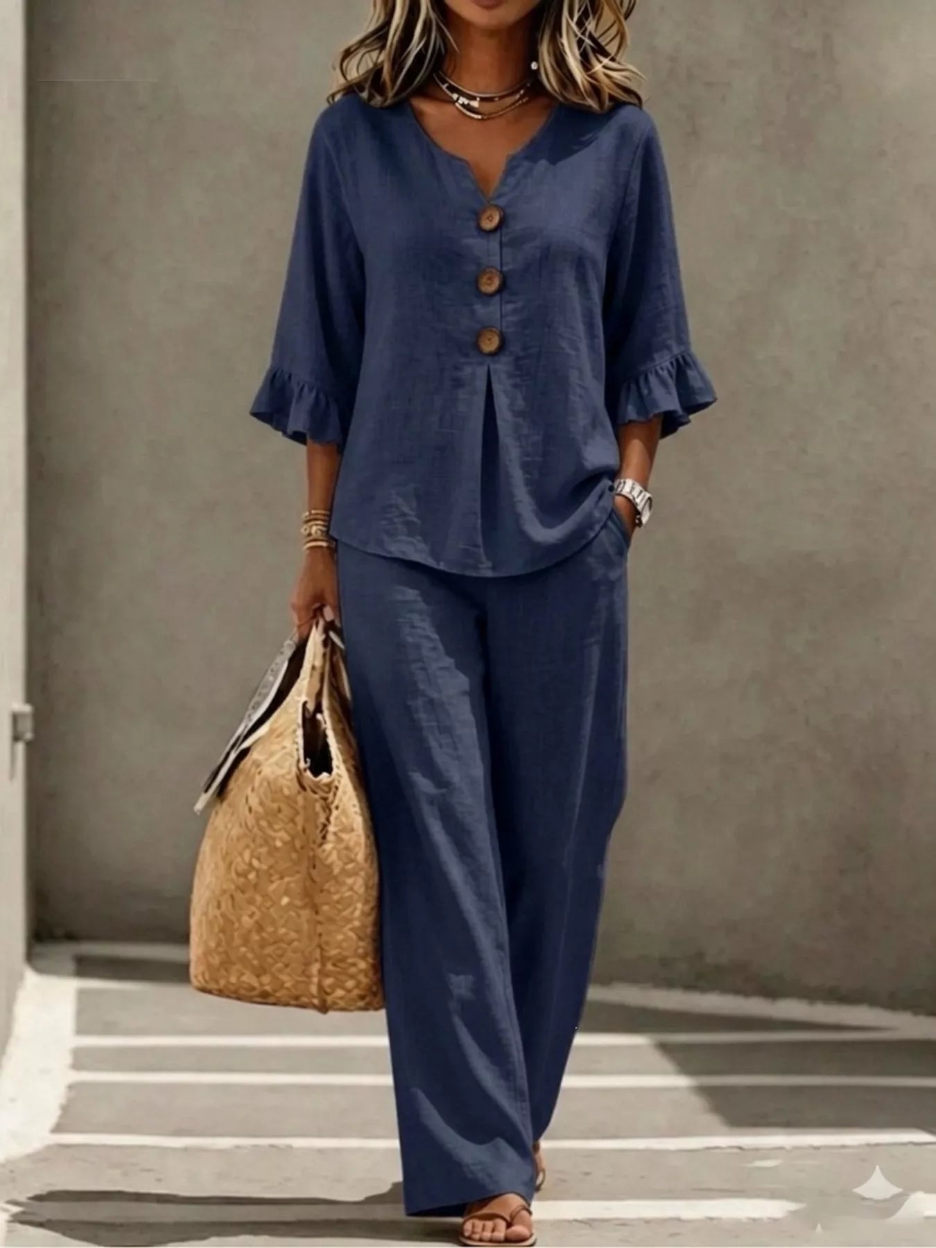 Full Size Decor Button Ruffled Top and Wide-Leg Pants Set Plus Size Secondary image