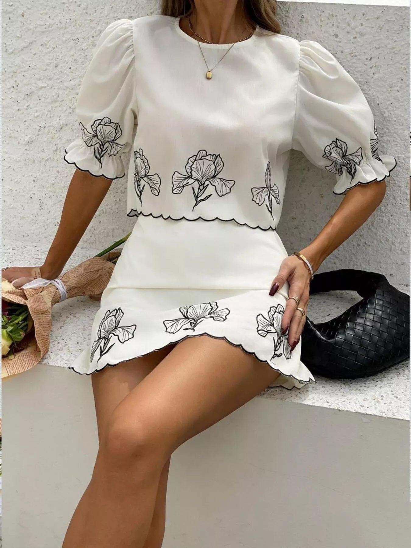 Floral Scallop Trim Top and Skirt Two-Piece Set Secondary image