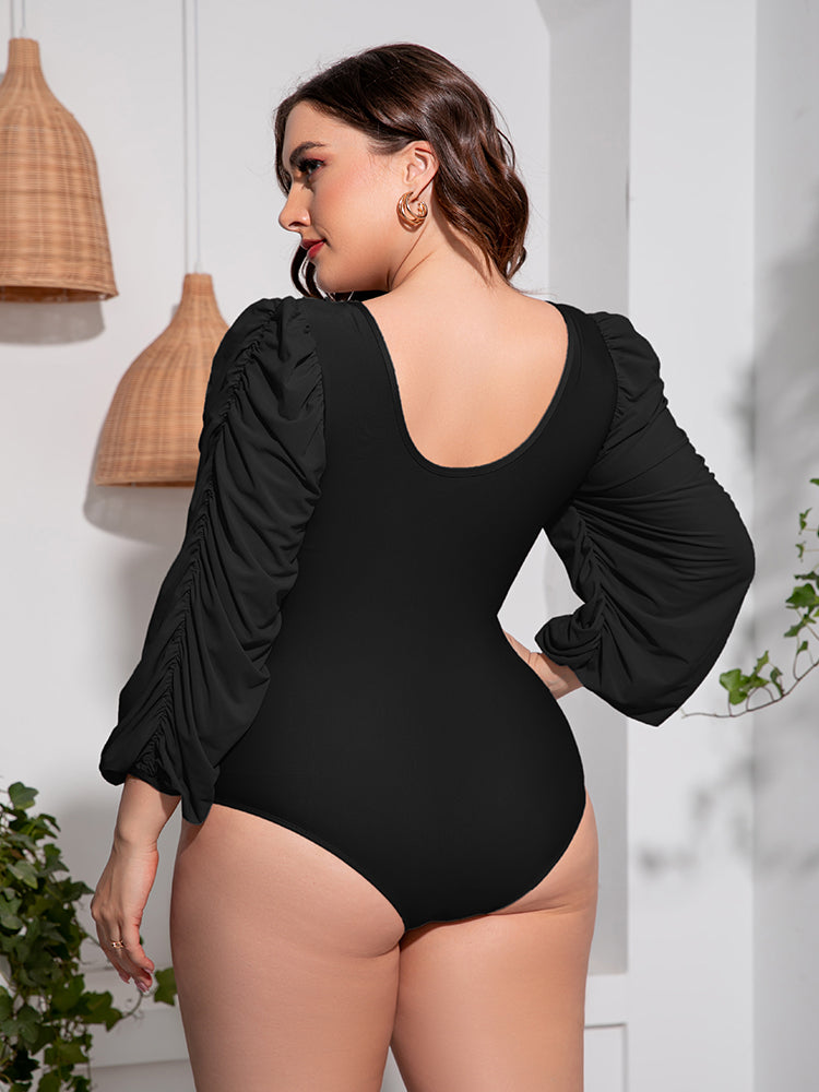 Plus Size Tied Deep V Balloon Sleeve One-Piece Swimsuit Secondary image