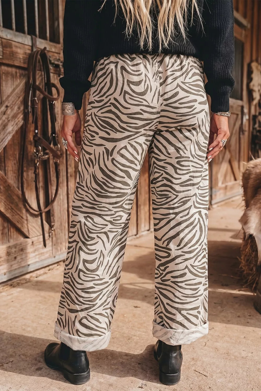 Multicolour Western Print Zebra Pattern Elastic Waist Pocket Pants Secondary image