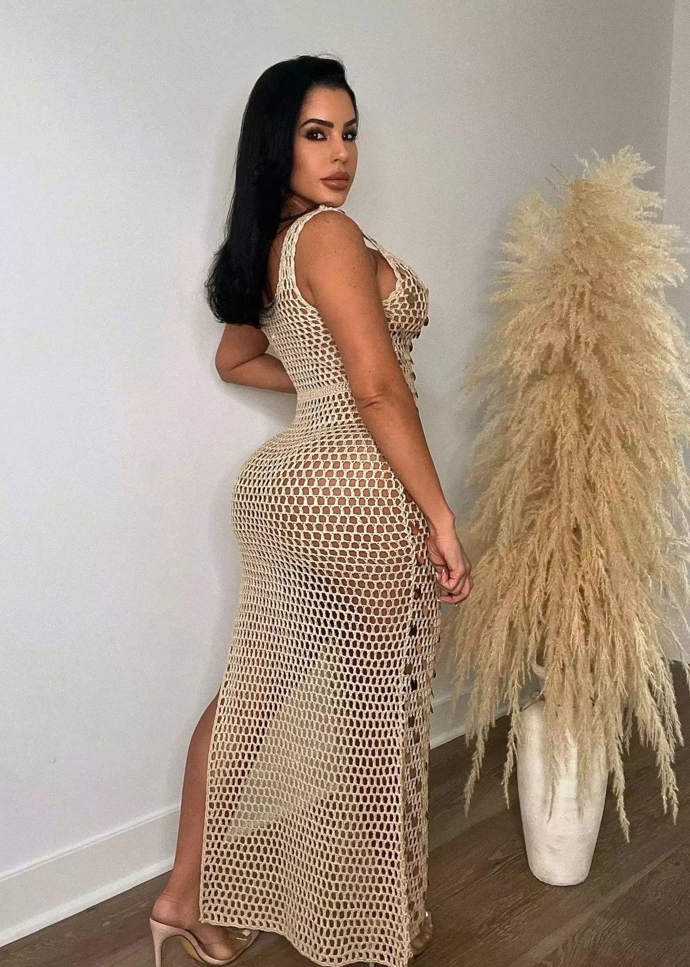 Sequin Embellished Crochet Maxi Dress with High Slit Secondary image