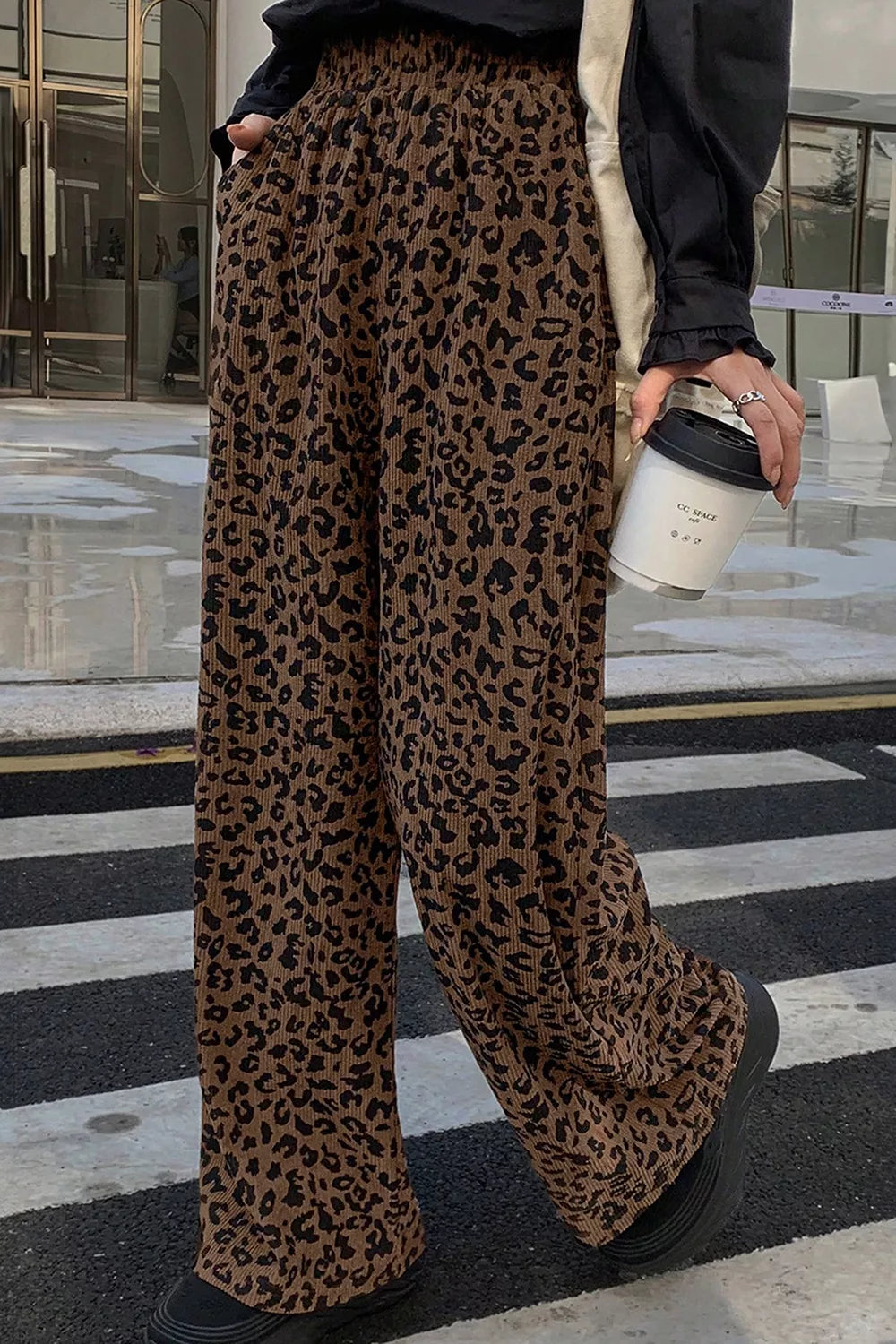 Leopard Print Elastic High Waist Loose Corduroy Pants Secondary image