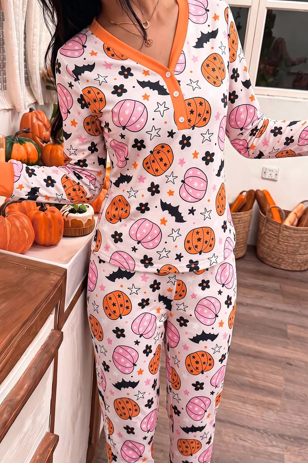 Halloween Pumpkin Print Long Sleeve Home Wear Lounge Set Secondary image